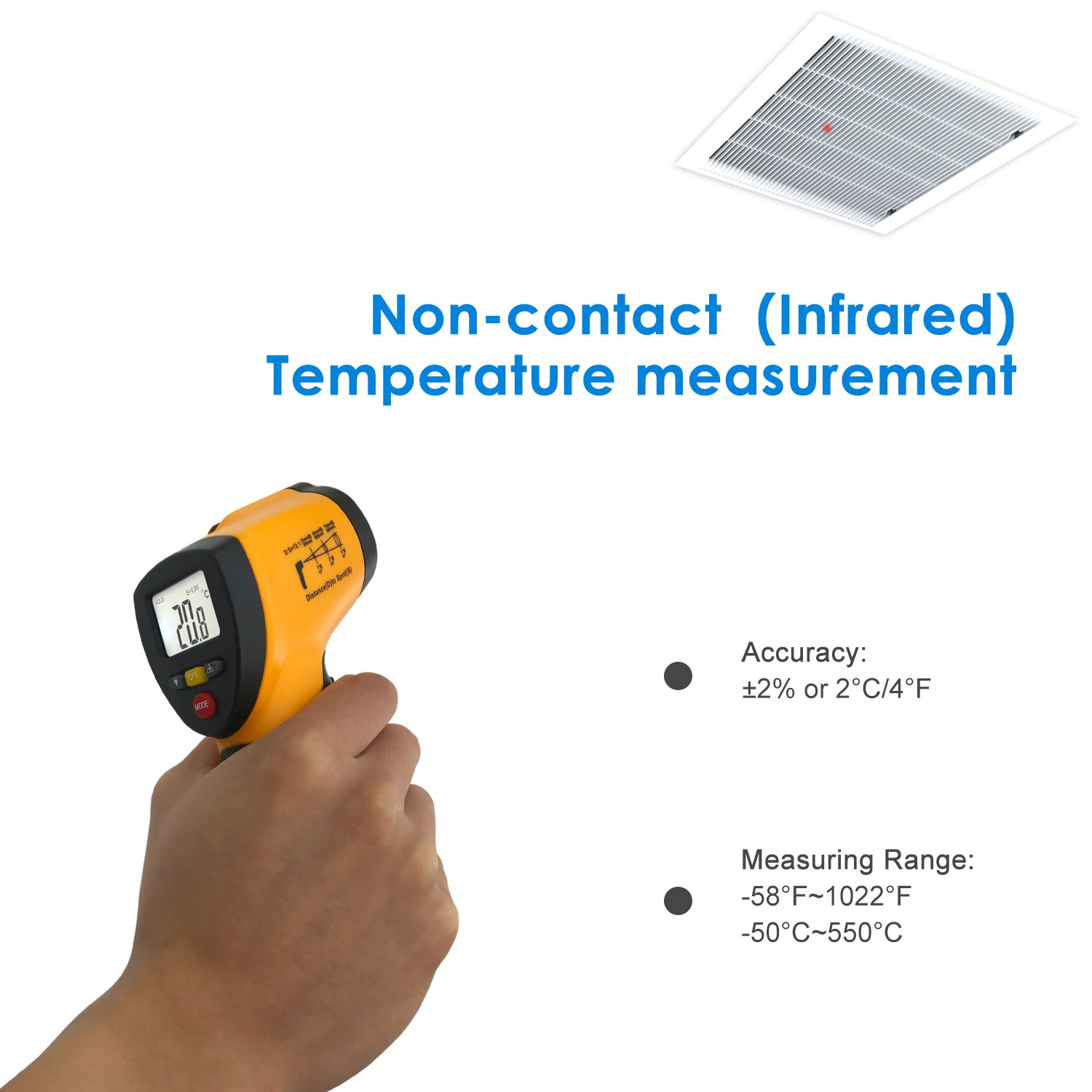Hand hält gelbes Infrarot-Thermometer mit 20,8 C. Text listet Genauigkeit und Bereich auf.