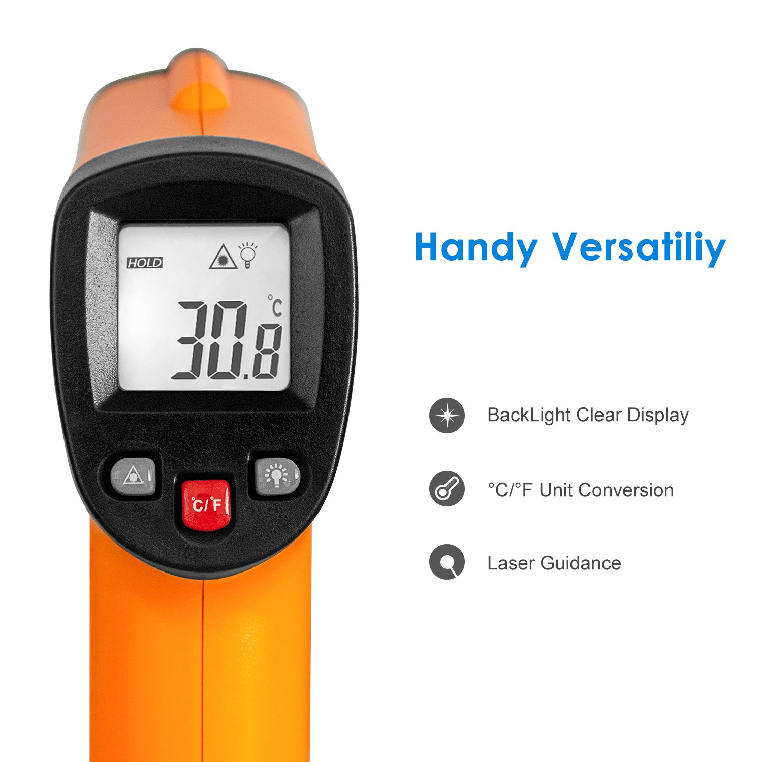 Ein orangefarbenes Infrarot-Thermometer mit digitaler Anzeige von 30,8 Grad Celsius.