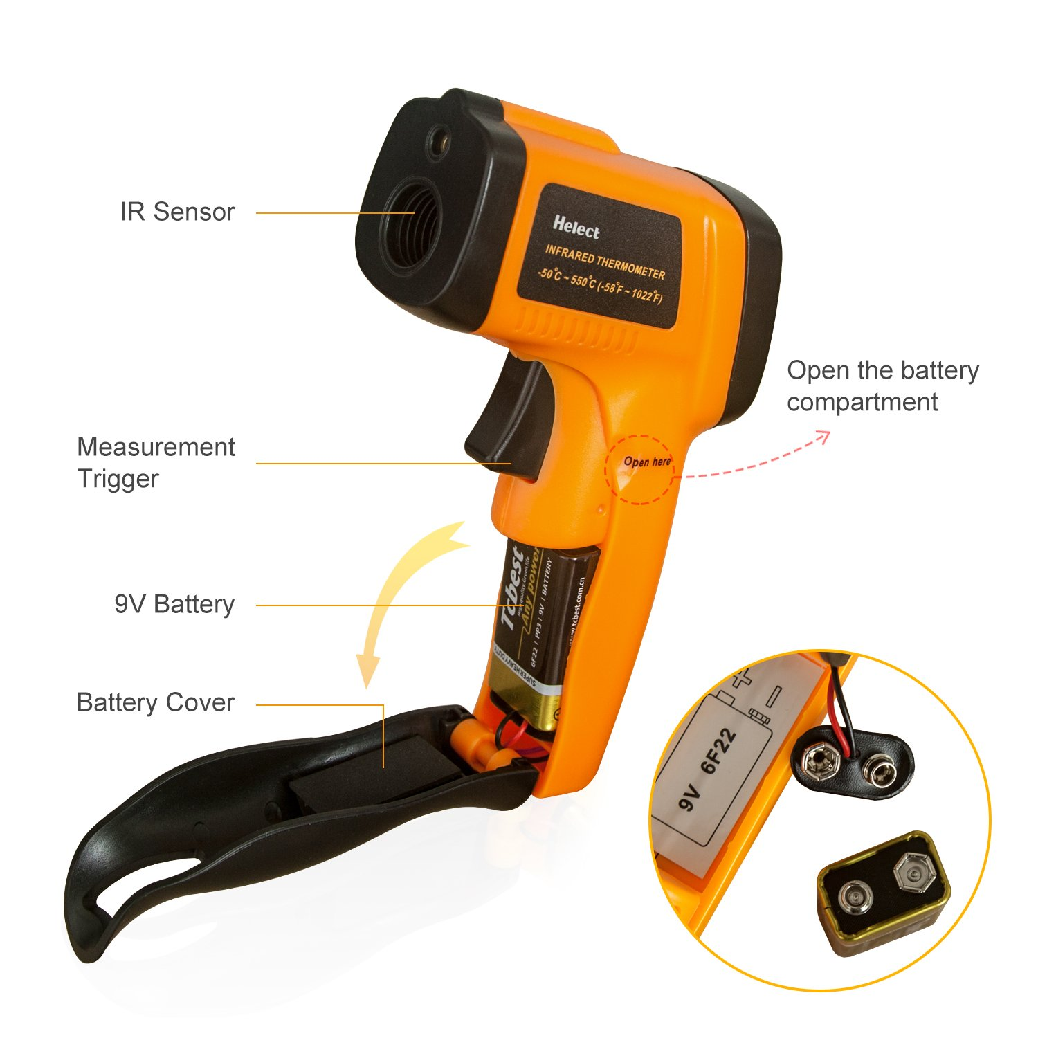 Orange Infrarot-Thermometer mit geöffnetem Batteriefach und 9V-Batterie.