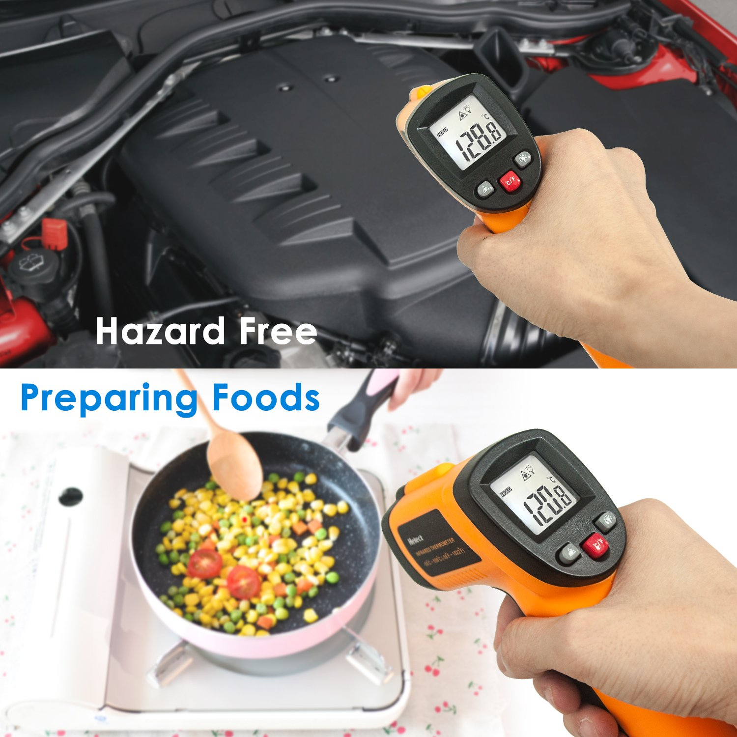 Ein Infrarotthermometer misst die Temperatur eines Automotors und von Lebensmitteln.