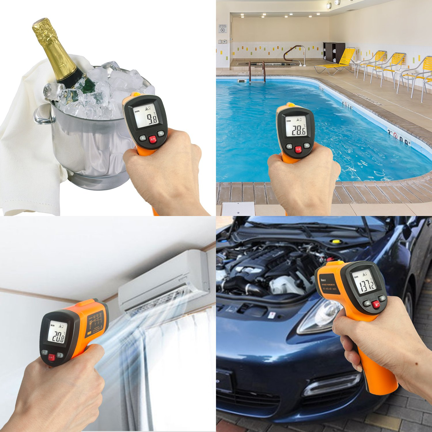 Ein Thermometer misst eine Champagnerflasche in Eis, einen Pool, eine Klimaanlage und einen Automotor.