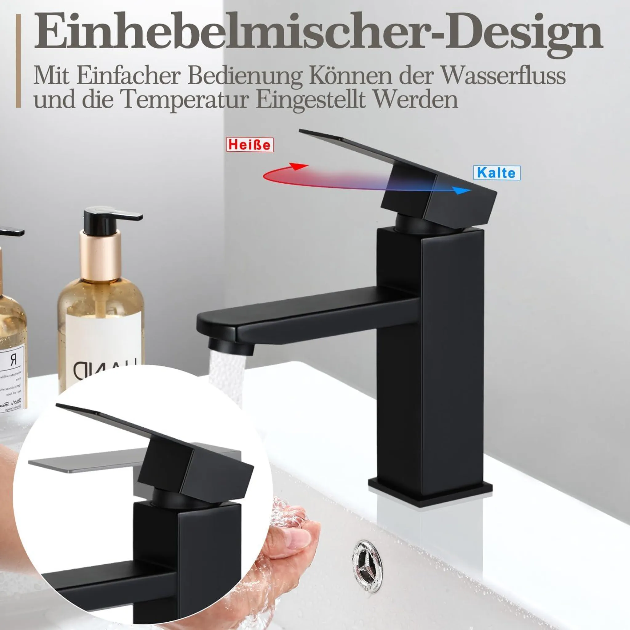 Ein moderner schwarzer Wasserhahn mit einer Handhebelsteuerung, der Wasser ausgibt.