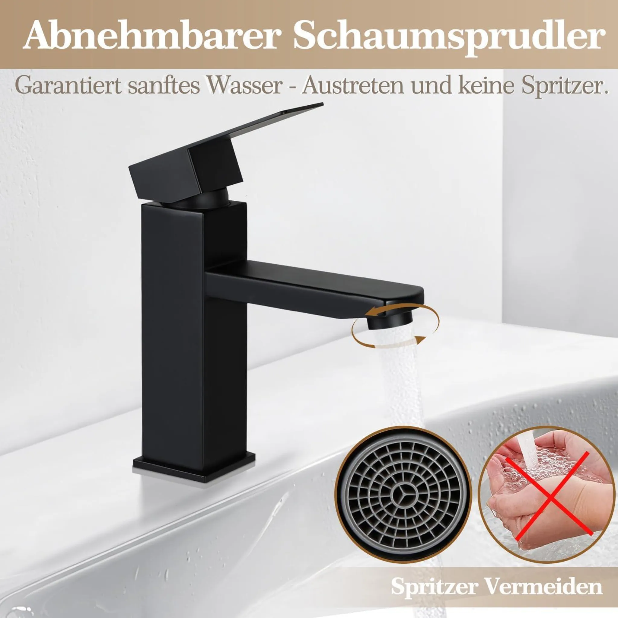 Schwarzer Wasserhahn mit Auslauf in Badewanne und Wasserdurchfluss.