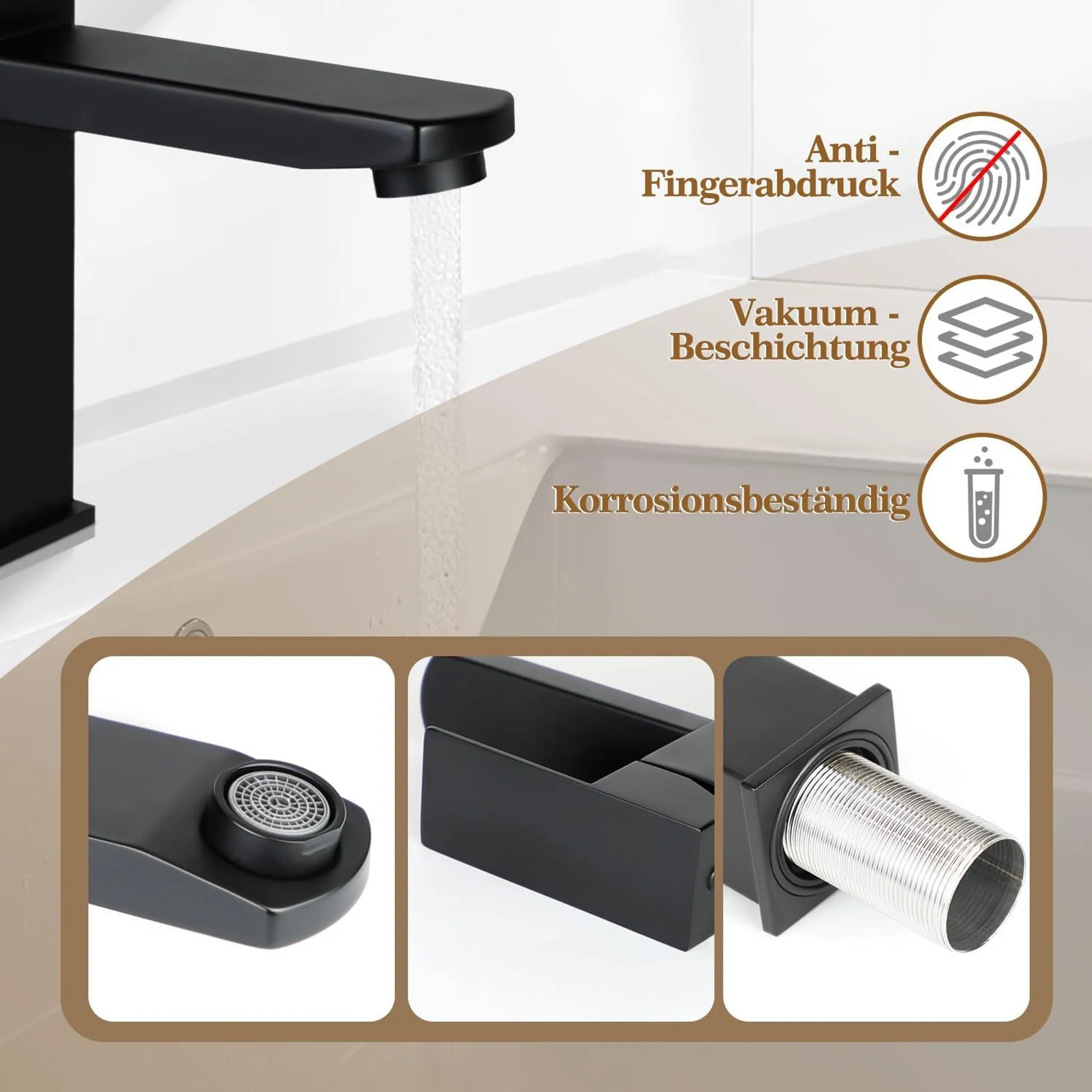 Schwarzer Wasserhahn mit drei Detailaufnahmen und Icons für Fingerabdruck, Beschichtung, Korrosion.