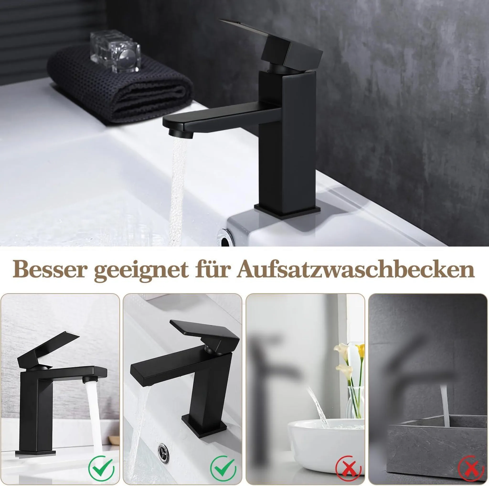 Moderner schwarzer Wasserhahn auf einem weißen Waschbecken mit laufendem Wasser.