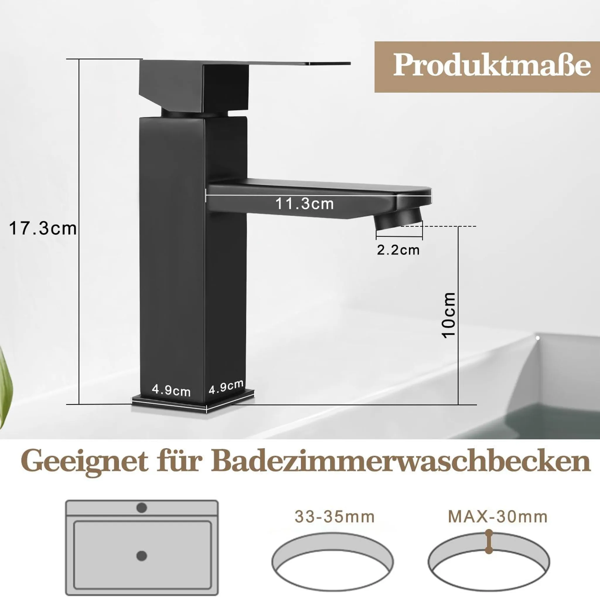 Schwarzer Wasserhahn mit Maßen: H17.3cm, L11.3cm, B4.9cm.