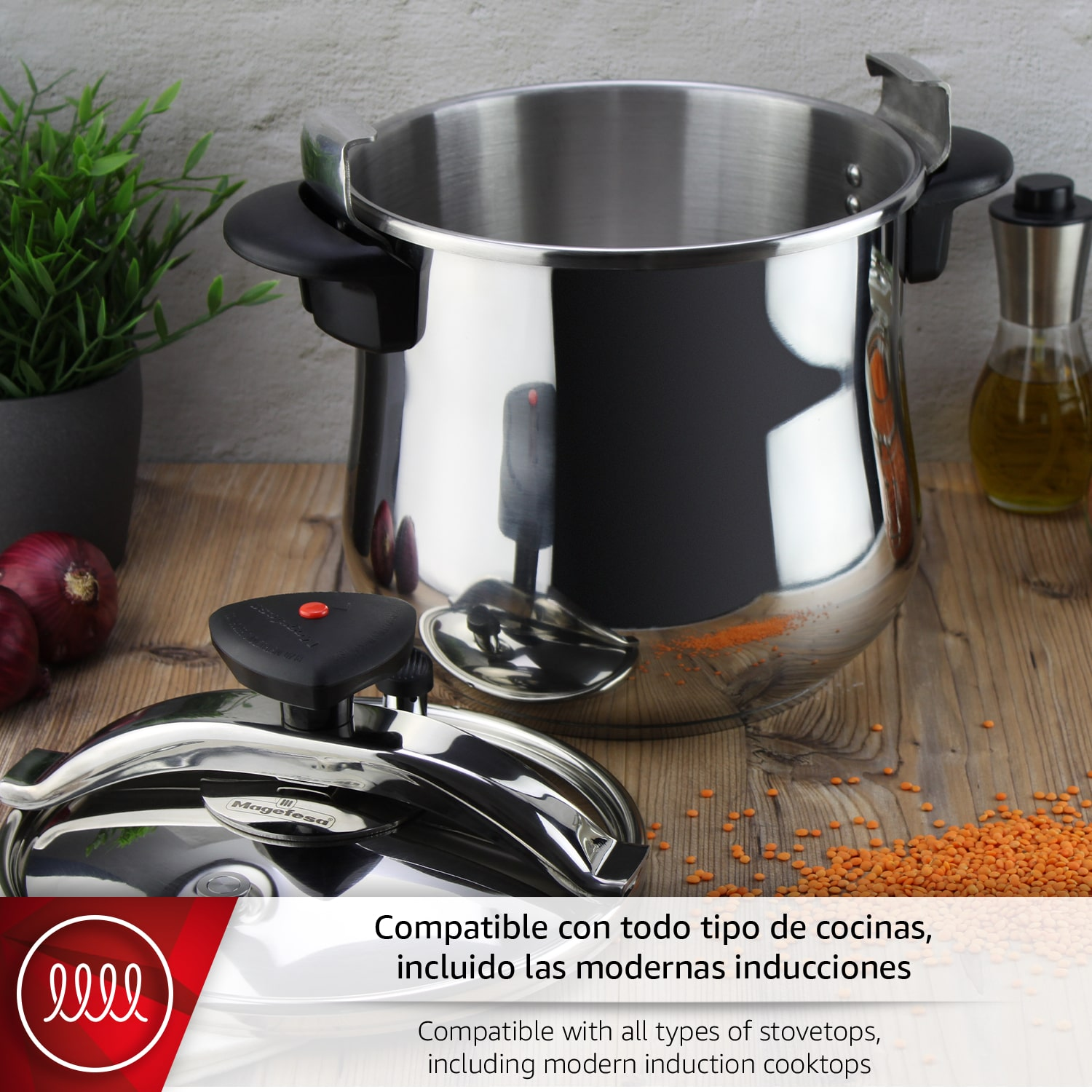 Olla a presión de acero inoxidable con tapa, cebollas, lentejas y aceite.