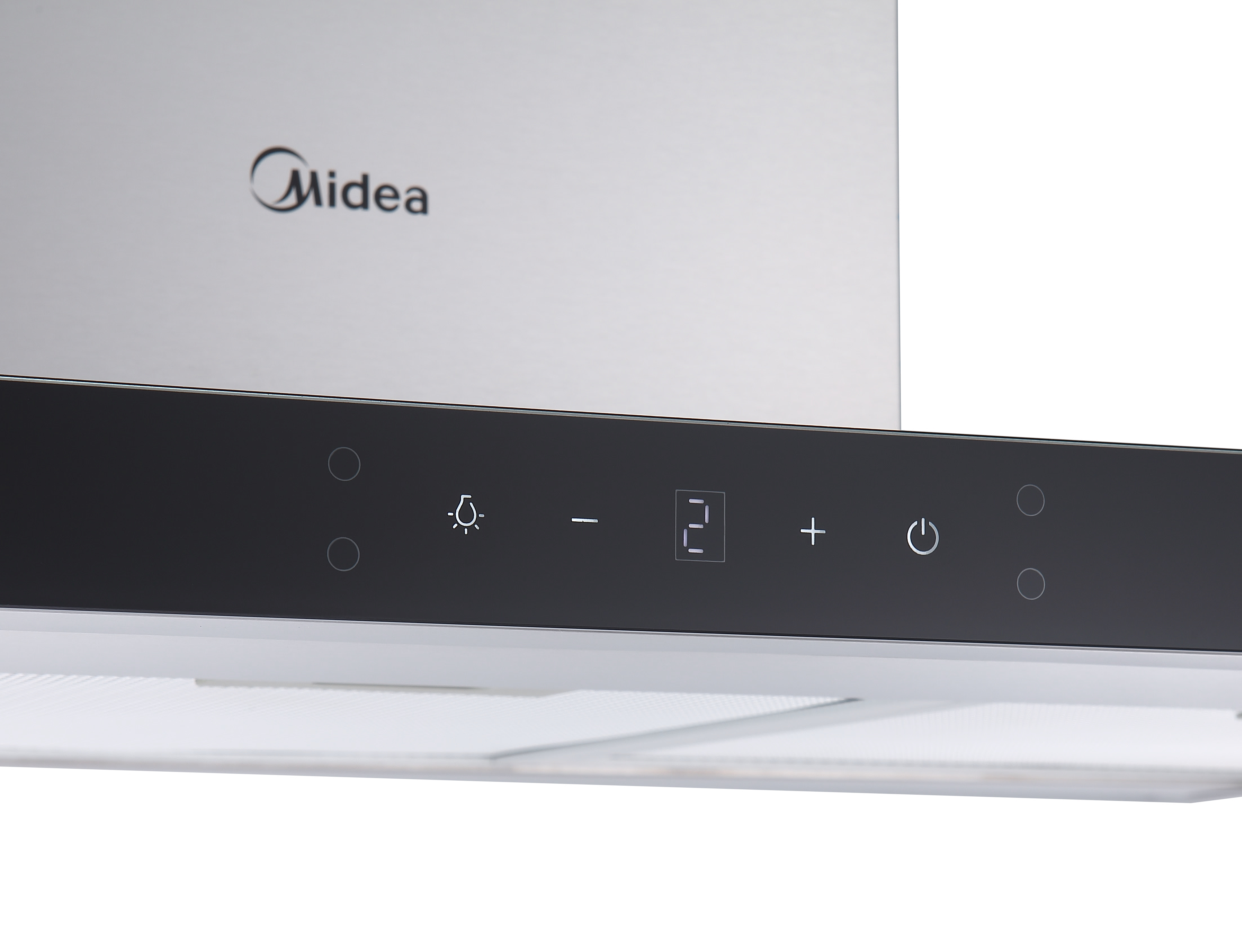 Midea-Logo auf Metallhaube, Touch-Bedienfeld mit Licht-, Lüfter- und Ein/Aus-Symbolen.