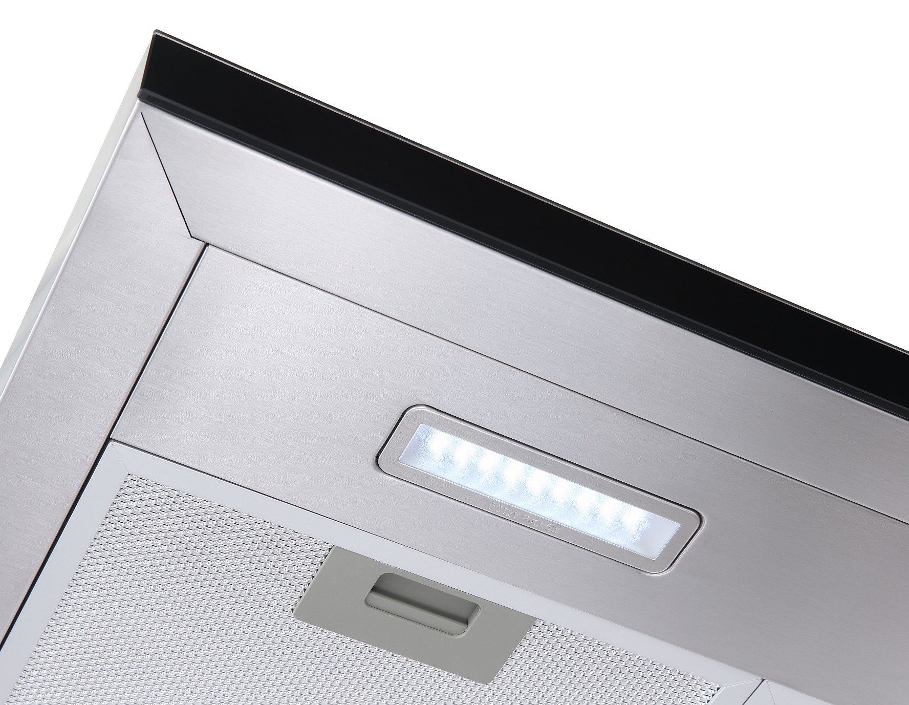 Edelstahl-Dunstabzugshaube mit LED-Beleuchtung und Metallsieb.