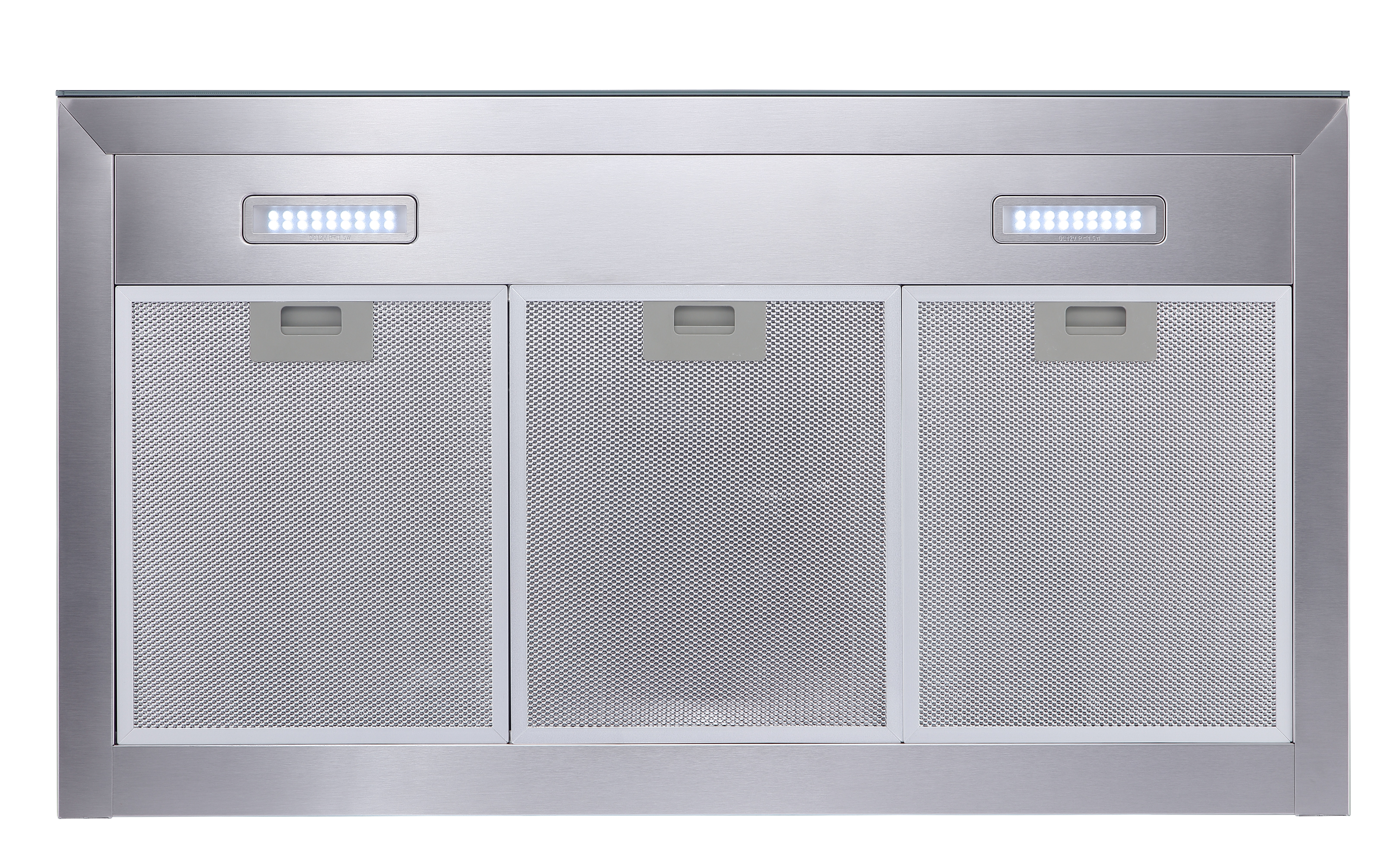 Edelstahl-Dunstabzugshaube mit drei Filtern und LED-Leuchten oben.