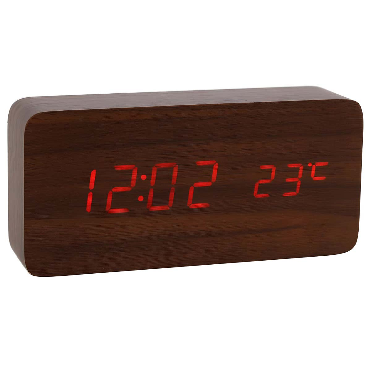 Holzuhr mit roten Digitalanzeigen für Zeit und Temperatur.