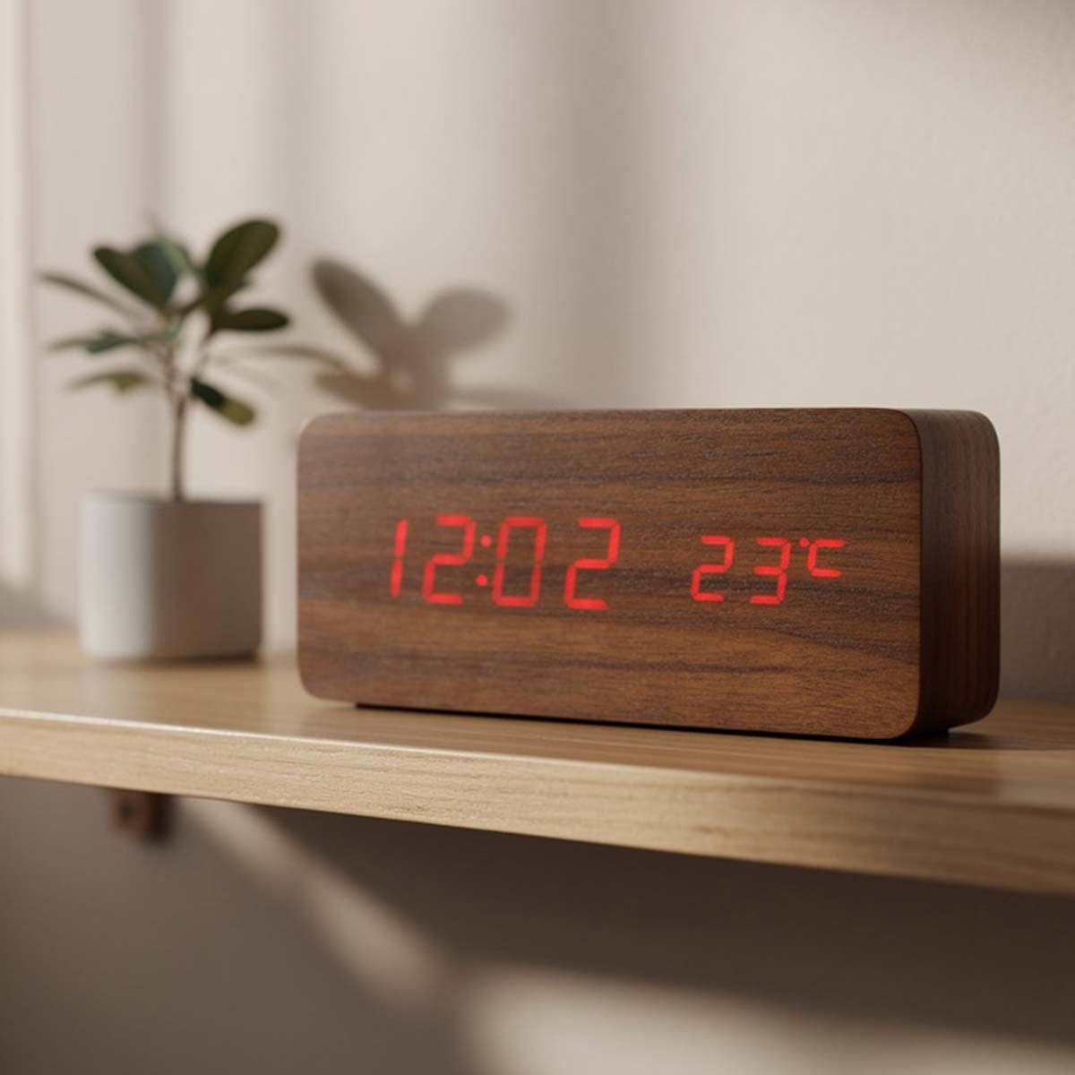 Digitaluhr aus Holz zeigt 12:02 und 23 Grad Celsius an.