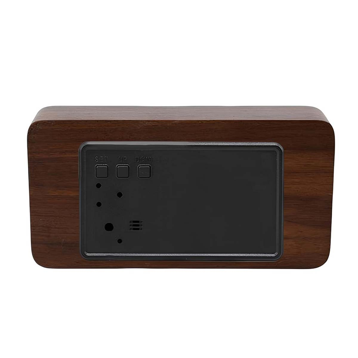 Ein hölzerner Digitalwecker mit schwarzem Display und Tasten.