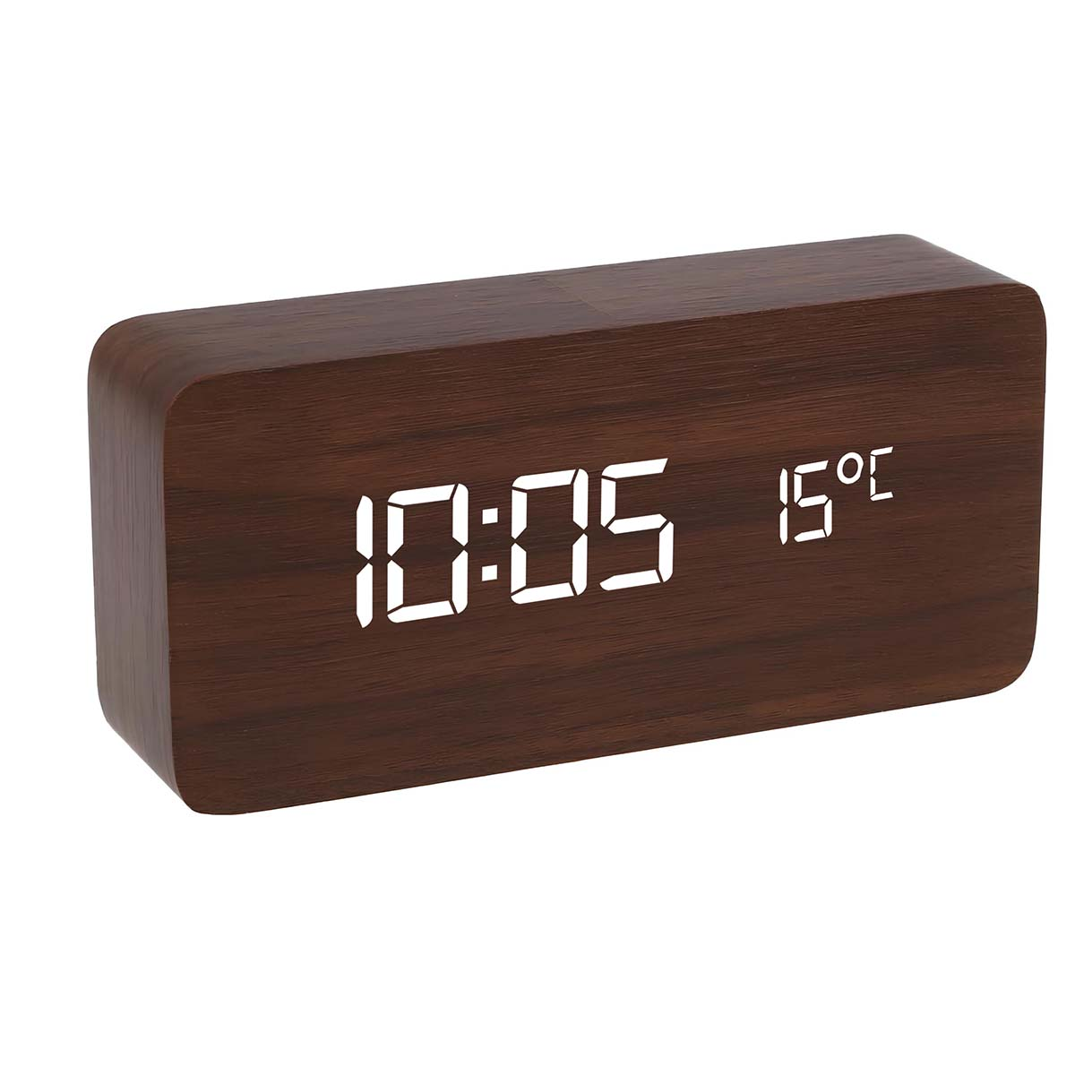 Dunkelbraune Digitaluhr mit Holzmuster zeigt 10:05 und 15°C.