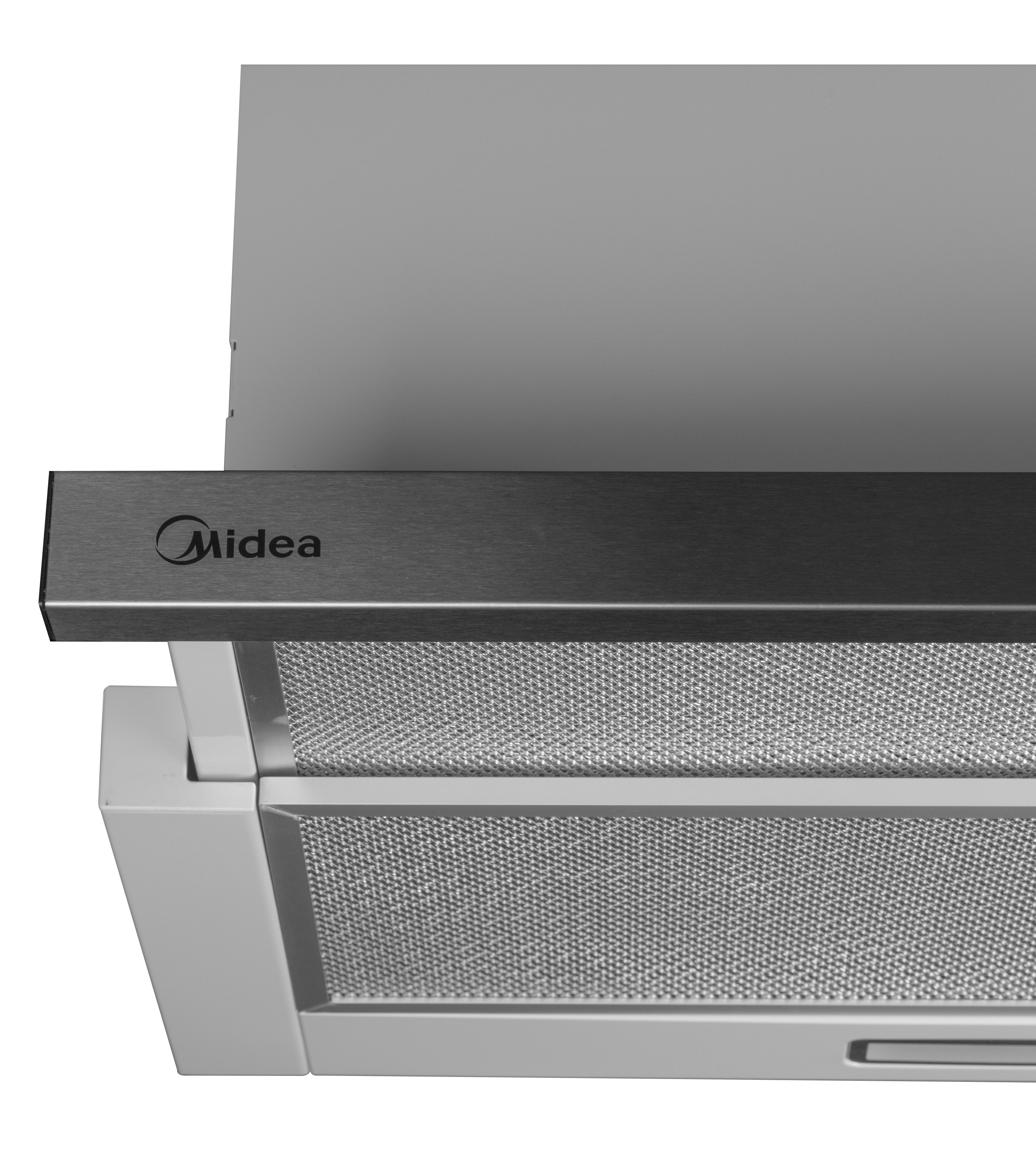 Nahaufnahme eines Midea-Abzugshaubenfilters mit Metallgitter und silbernem Gehäuse.