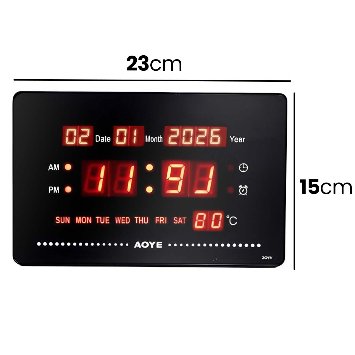Digitale Uhr mit Datum, Temperatur und Tagesanzeige.