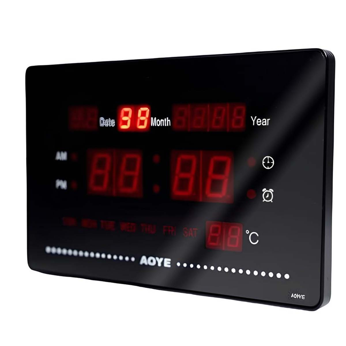 Digitaluhr zeigt Datum, Uhrzeit, Jahr, Temperatur und Wochentage an.