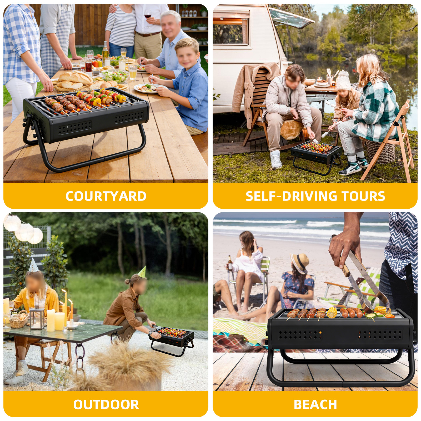 Vier Szenen: Grillen im Hof, am Strand, draußen und beim Camping.