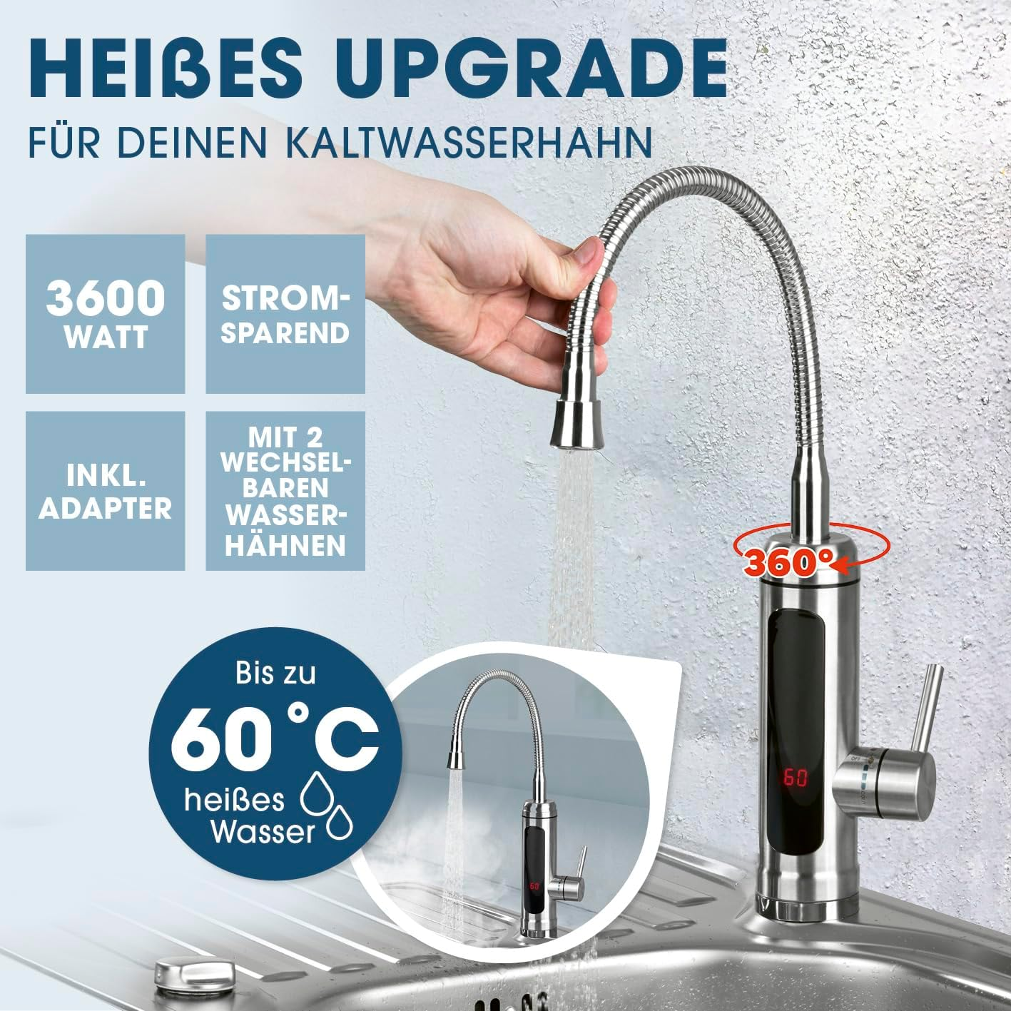 Edles Wasserhahn-Upgrade mit 360° Drehung, 3600W, bis 60°C heißes Wasser.