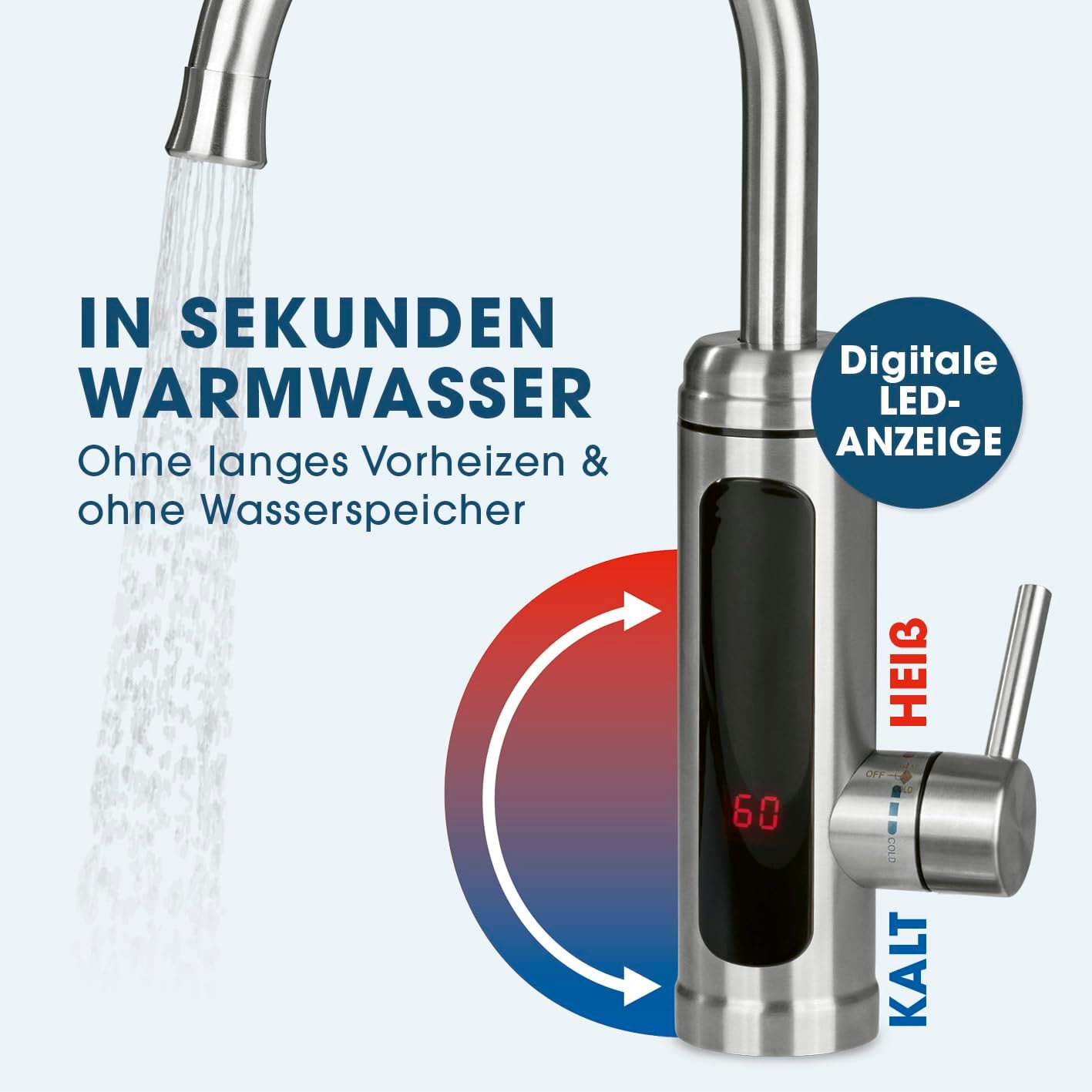 Wasserhahn mit digitaler LED-Anzeige, die 60°C anzeigt. Heiß und Kalt sind beschriftet.