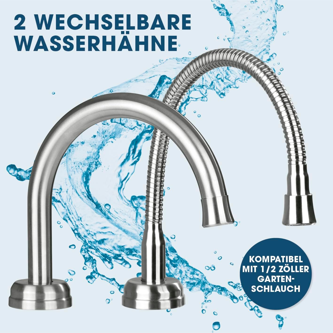 Zwei silberne Wasserhähne mit flexiblen Schläuchen und Wasserfontänen.