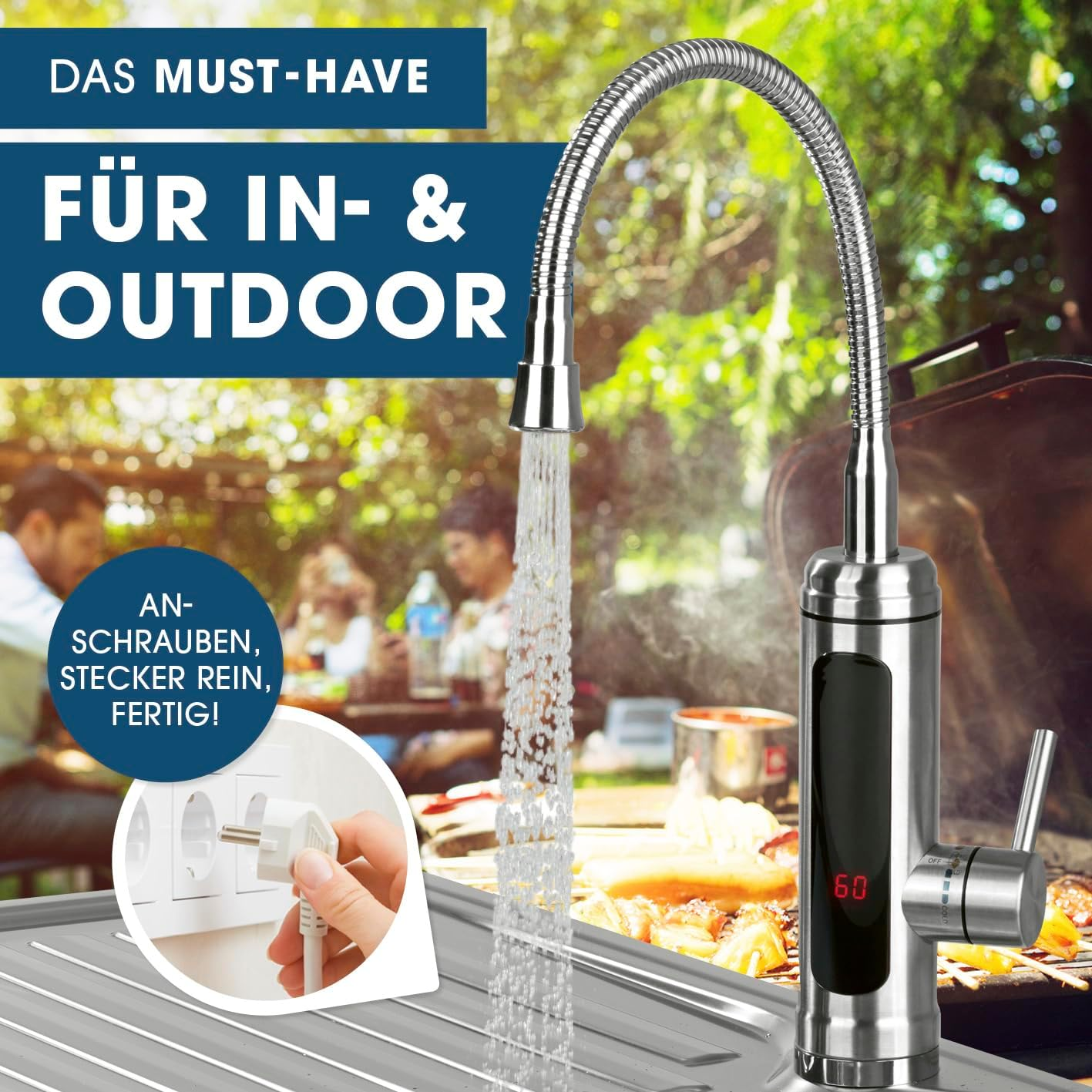 Edelstahl-Armatur mit digitaler Anzeige, für drinnen und draußen.