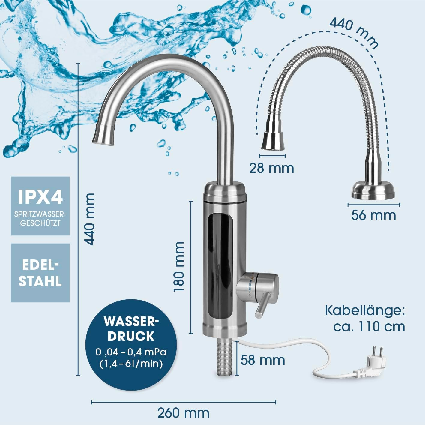 Edelstahl-Wasserhahn mit flexibler Brause, Maße und IPX4-Schutz.