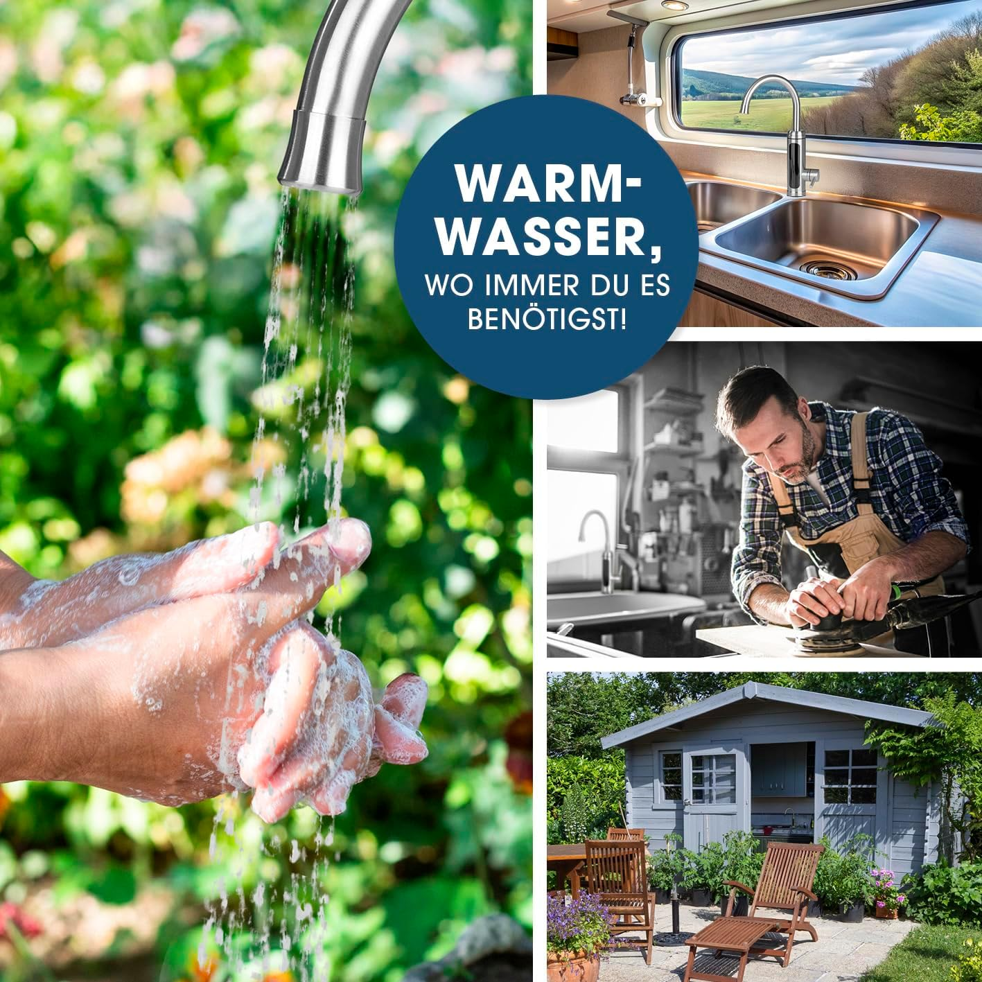 Hände waschen, Handwerker repariert, Wohnmobil-Spüle, Gartenhaus mit Möbeln.