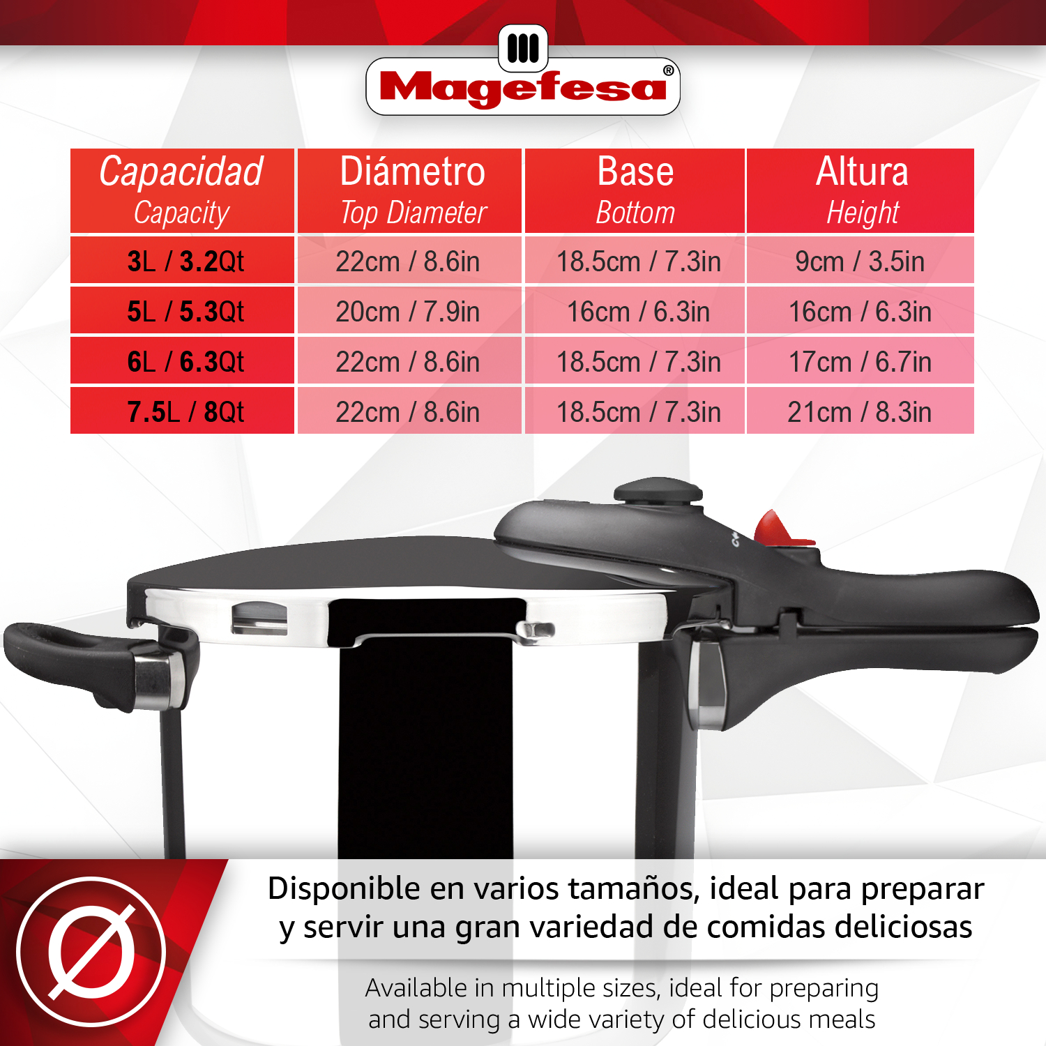 Olla a presión Magefesa con tabla de tallas. Disponible en varios tamaños.