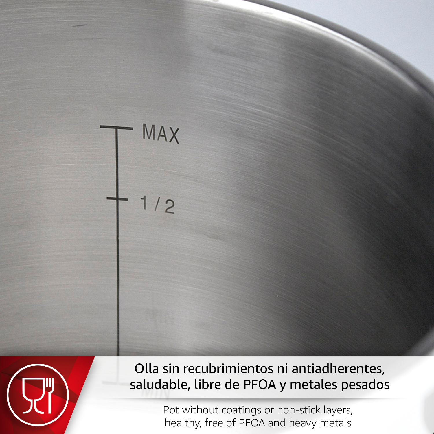 Olla de acero inoxidable con marcas de nivel MAX y 1/2.