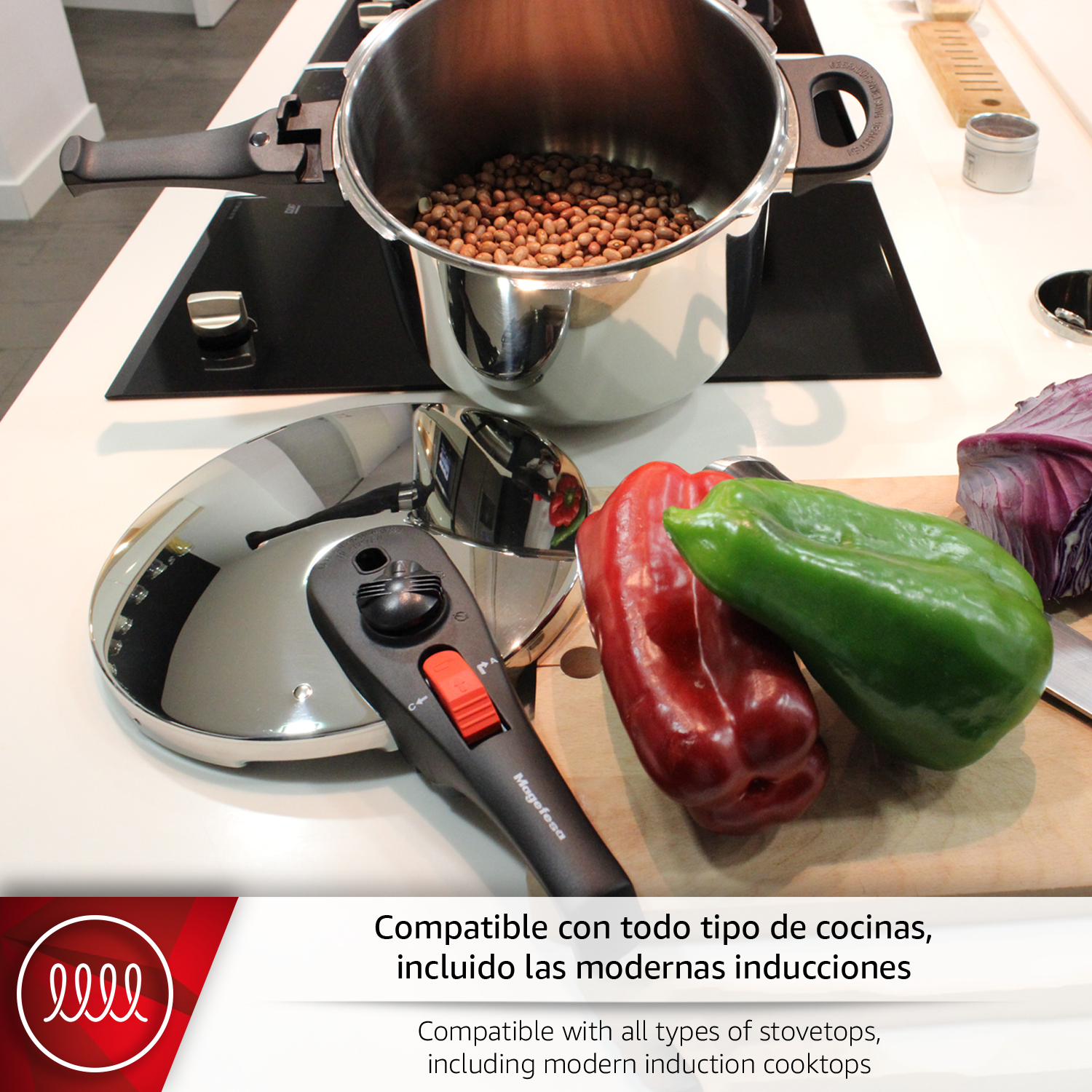 Una olla a presión con frijoles, pimientos y col roja en una estufa.