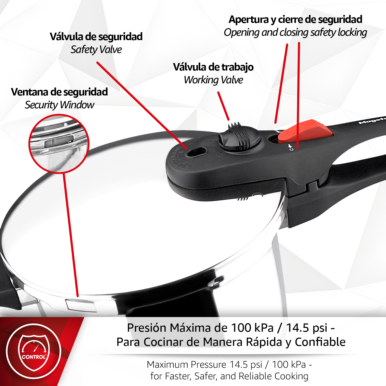 Una olla a presión con válvulas de seguridad y asas. Presión máx. 100 kPa.