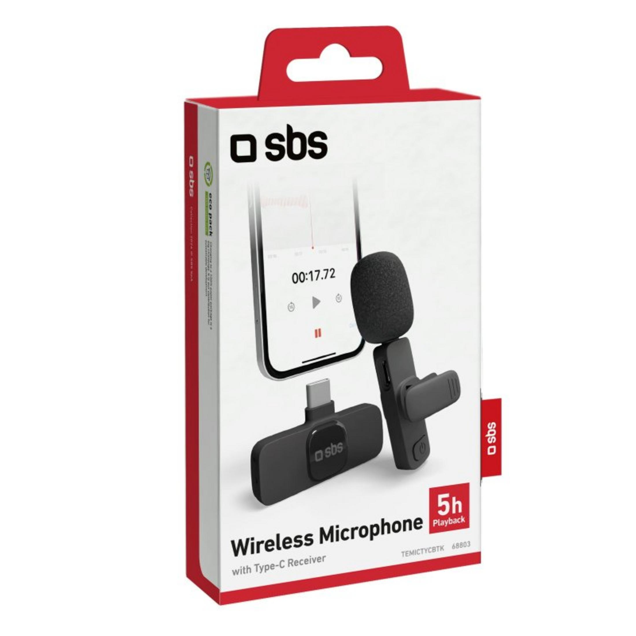 Microfono wireless SBS con ricevitore Type-C e 5h di riproduzione sulla scatola.