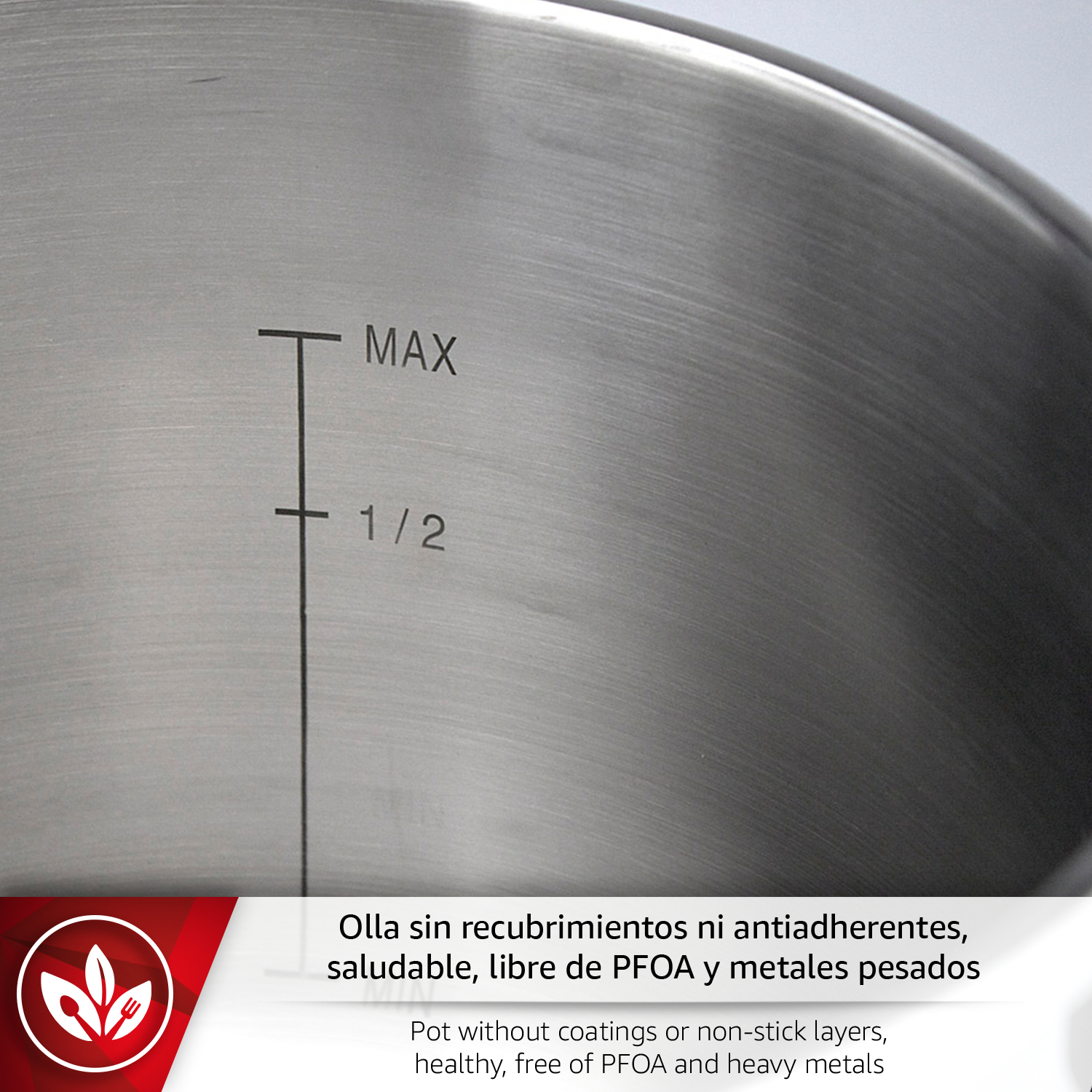 Olla de acero inoxidable con marcas de nivel MAX y 1/2.