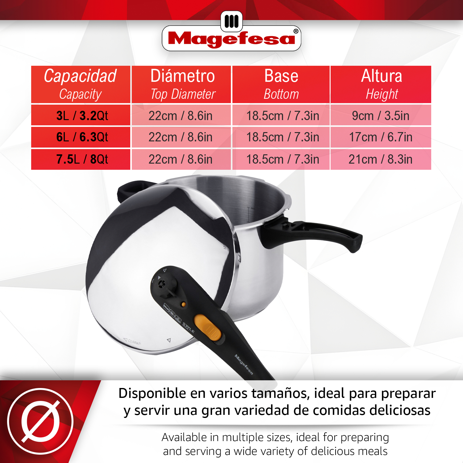 Olla a presión Magefesa con tabla de tamaños y texto en español e inglés.
