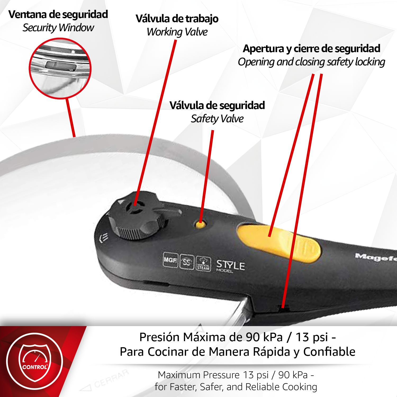 Olla a presión con válvula de seguridad, válvula de trabajo y cierre.