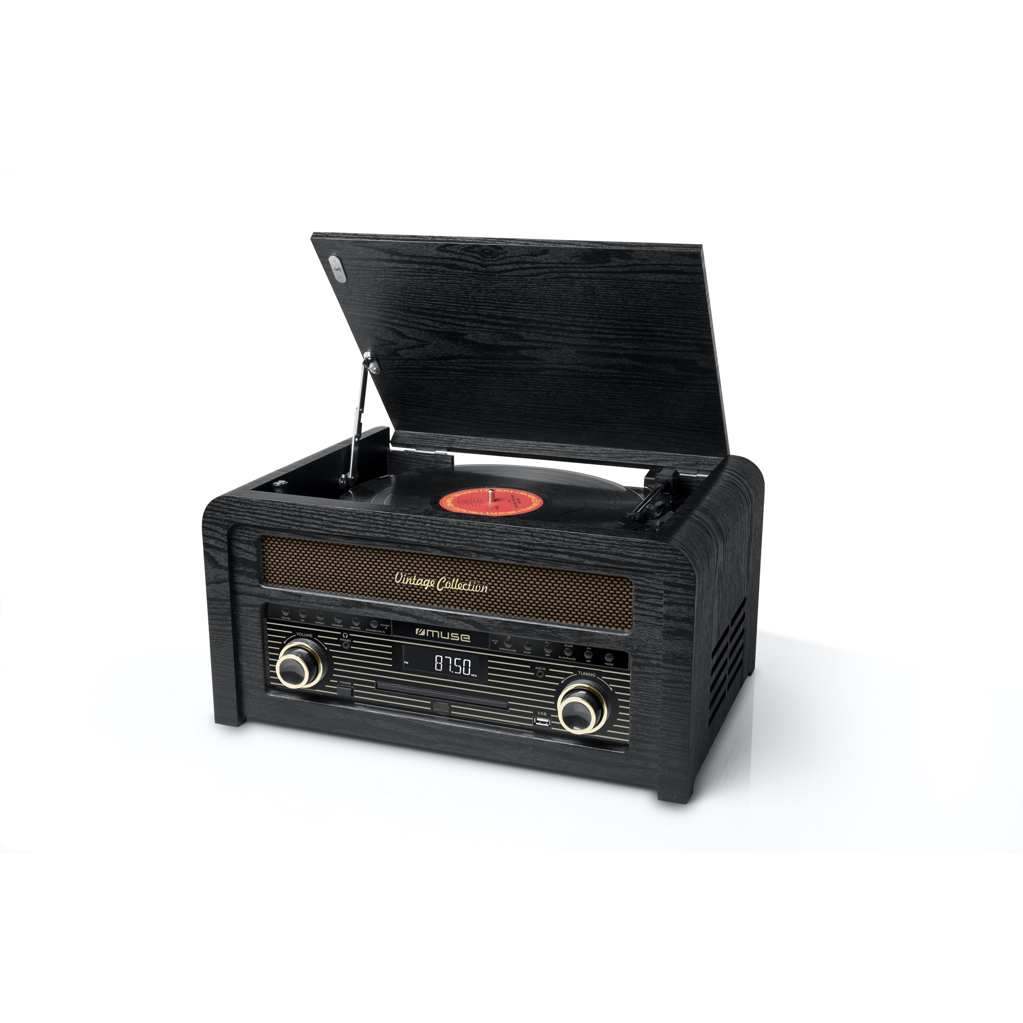 Un giradischi nero con disco in vinile e pulsanti di controllo.