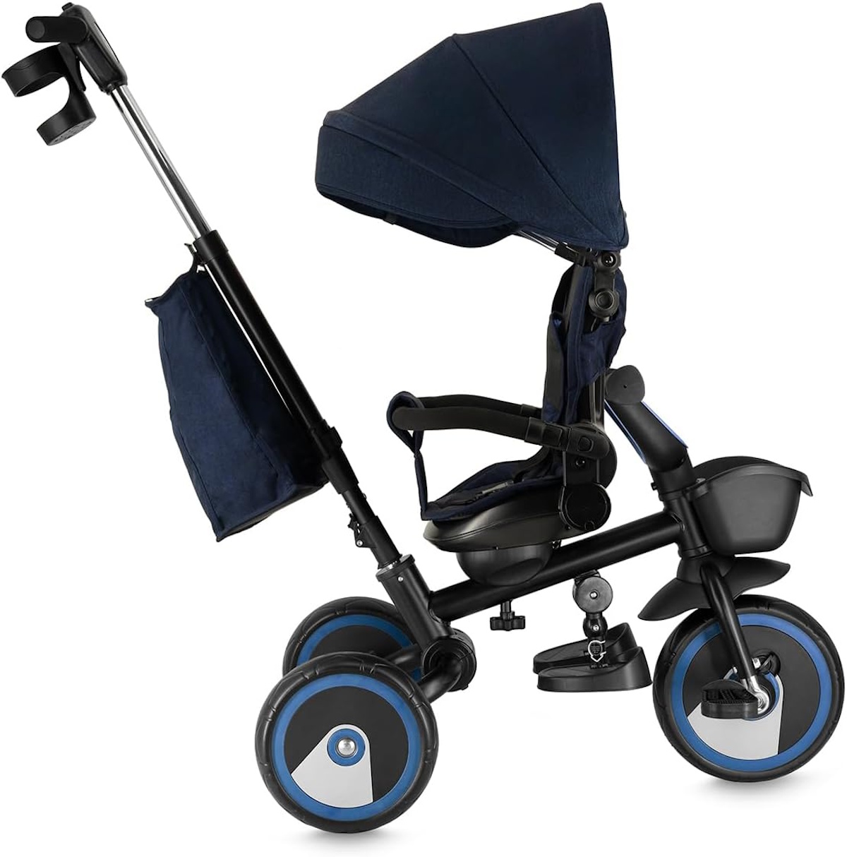 Ein blauer Kinderdreirad mit Verdeck, Sitz, Griffen und Aufbewahrungskorb.