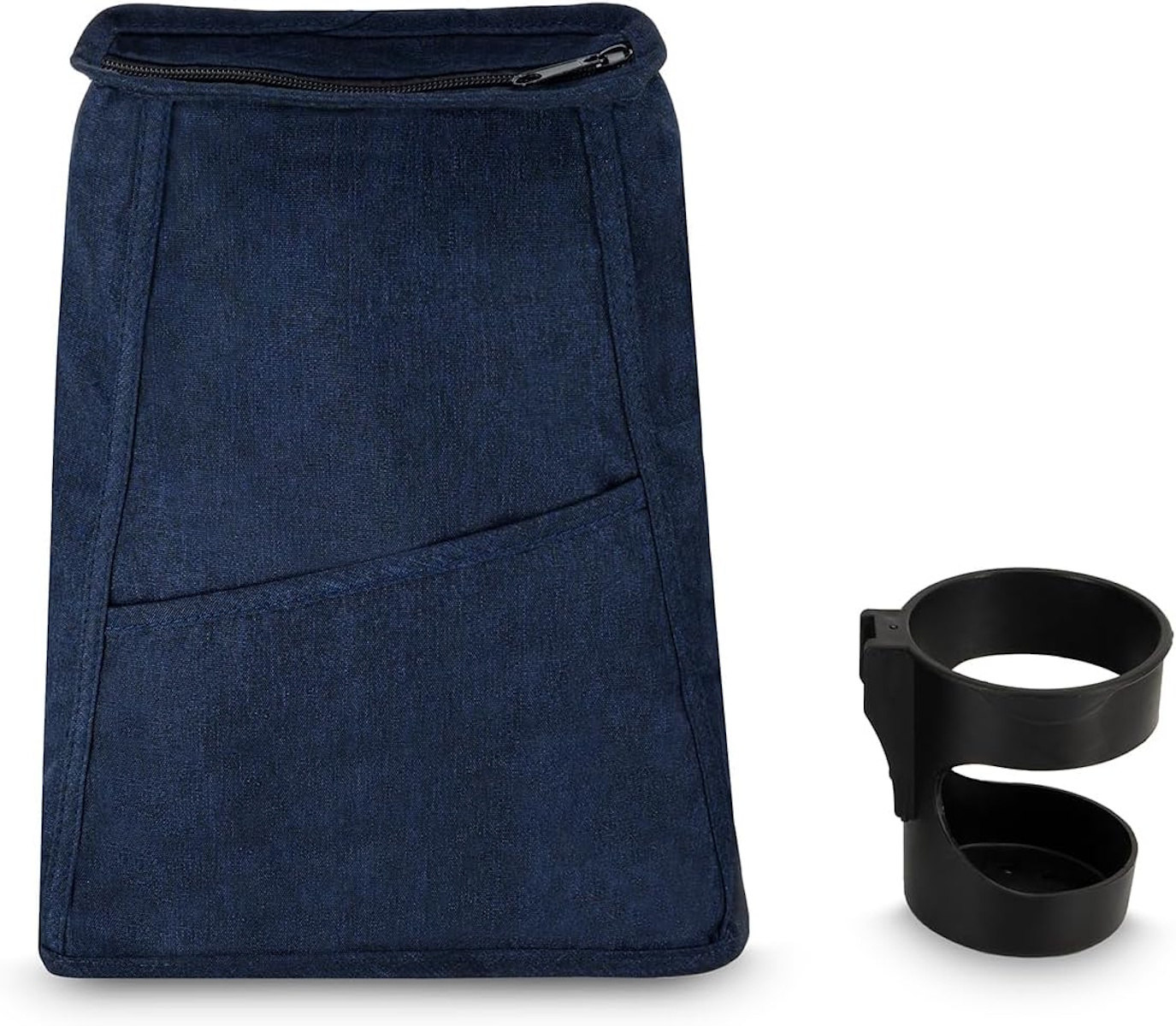 Dunkelblaue Stofftasche mit Reißverschluss oben und einer Tasche vorne; daneben ein schwarzer Becherhalter.
