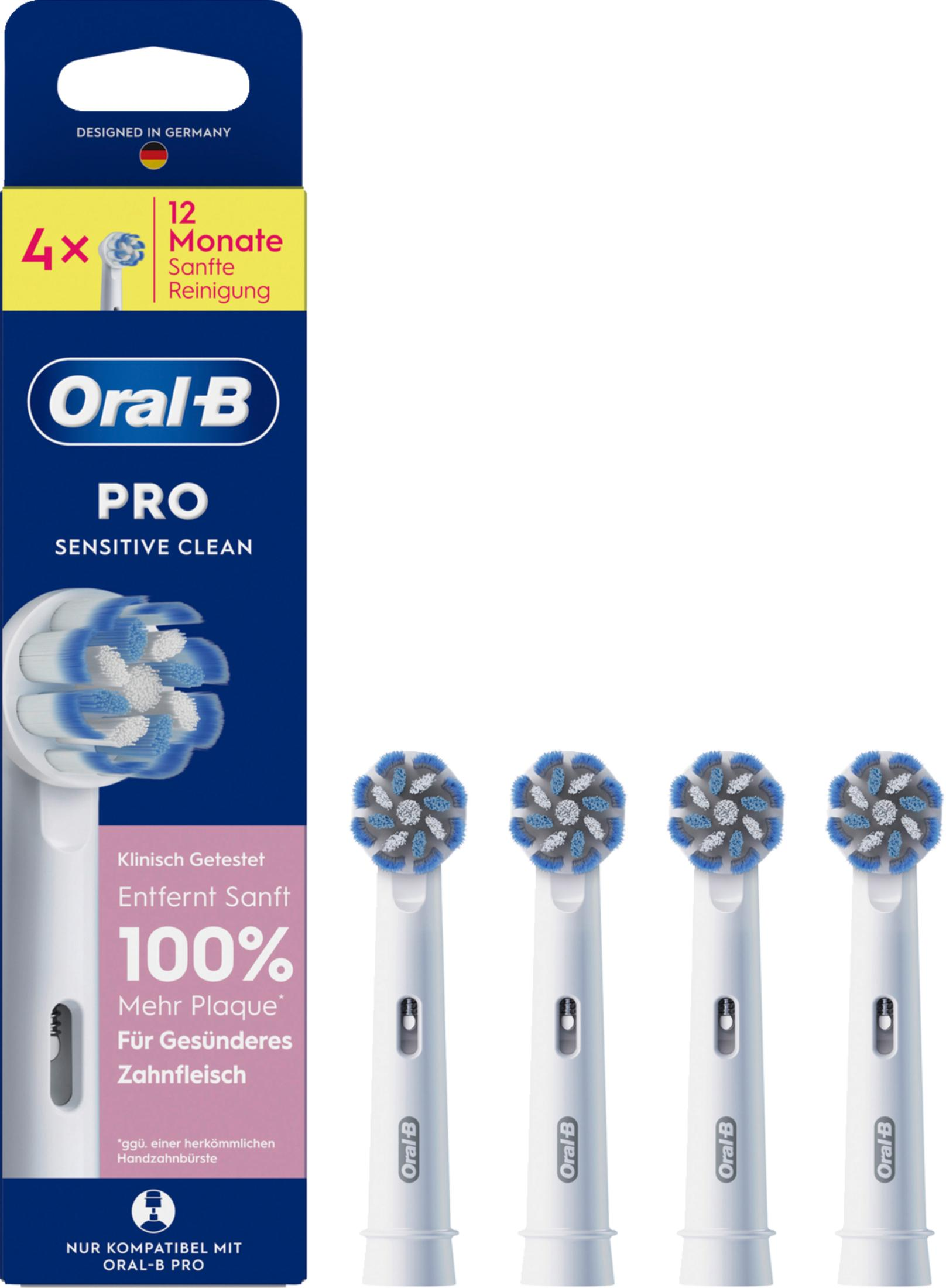 Oral-B Pro Sensitive Clean Zahnbürstenkopfpackung mit 4 Köpfen und einer einzelnen Ersatzbürste.