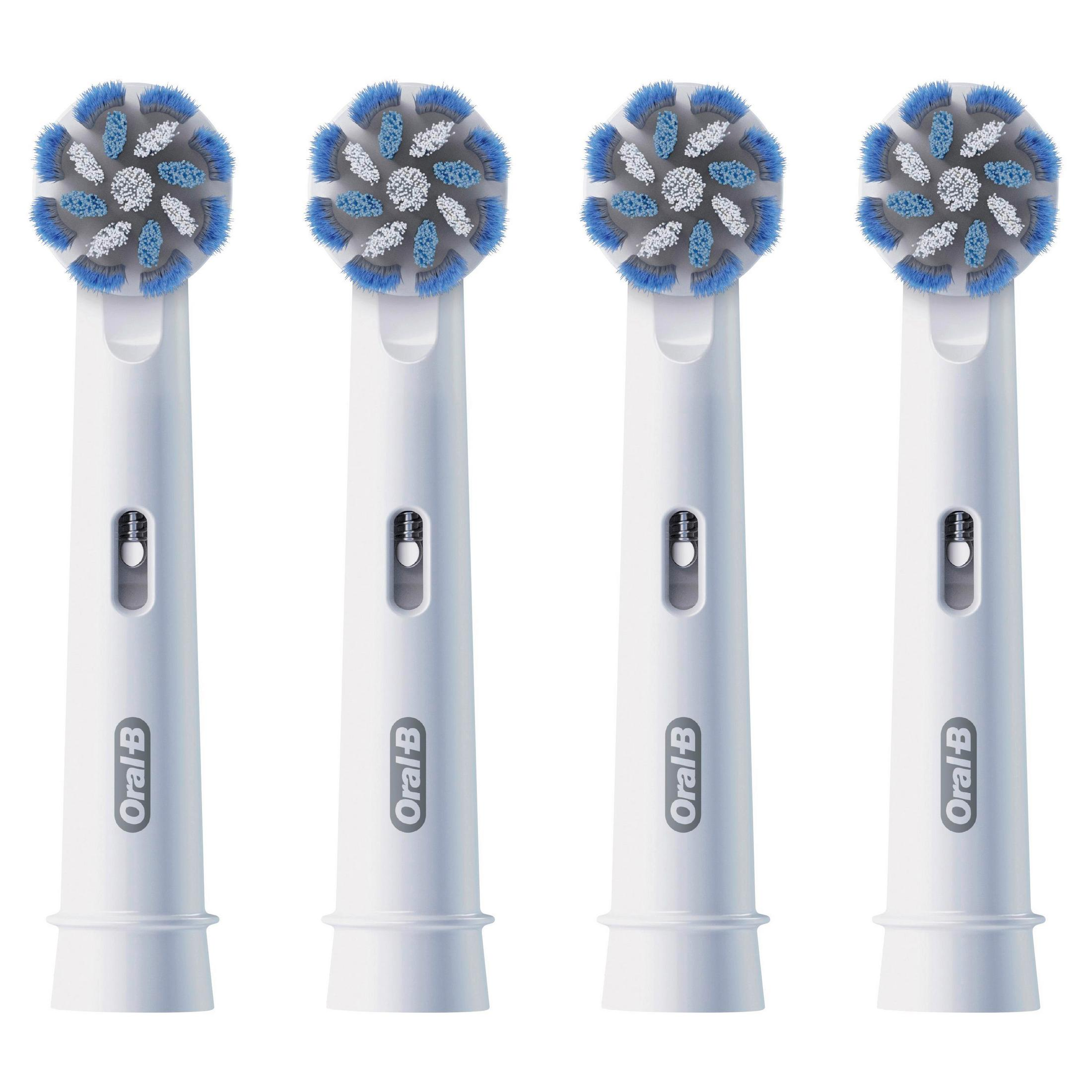 Vier weiße Oral-B Aufsteckbürsten mit blauen und weißen Borsten nebeneinander.