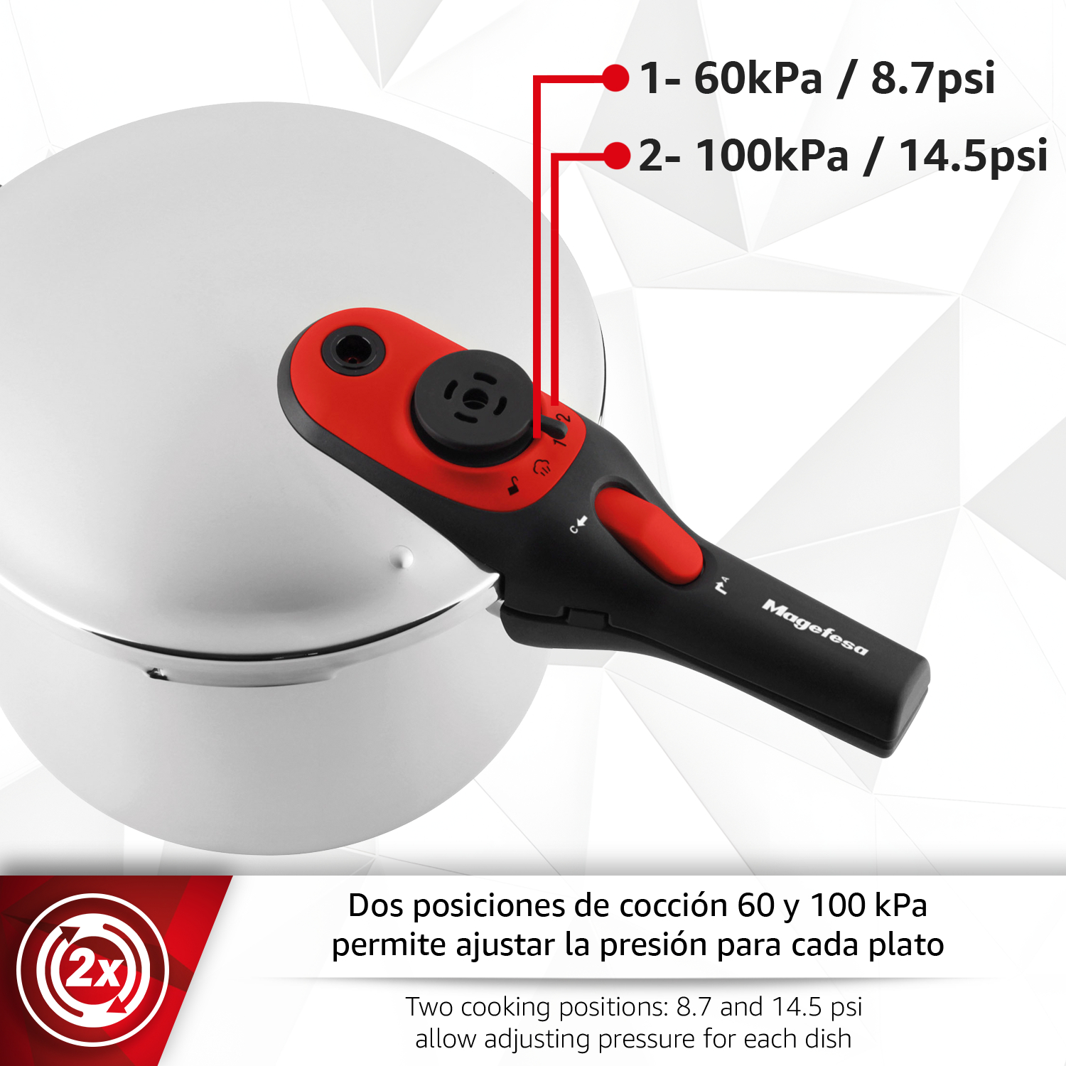 Una olla a presión con asa roja e indicadores de presión de 60 y 100 kPa.