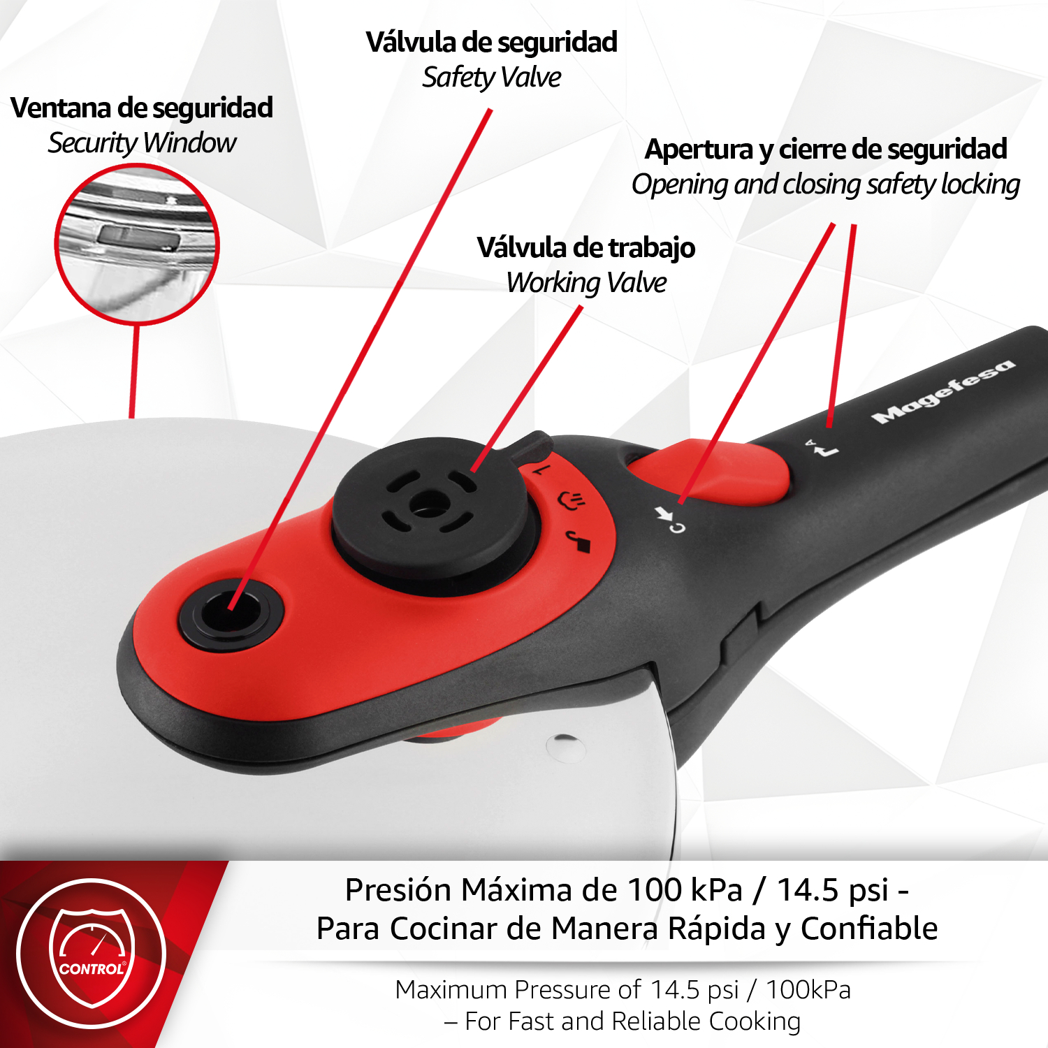 Mango de olla a presión con válvulas de seguridad y 100 kPa.