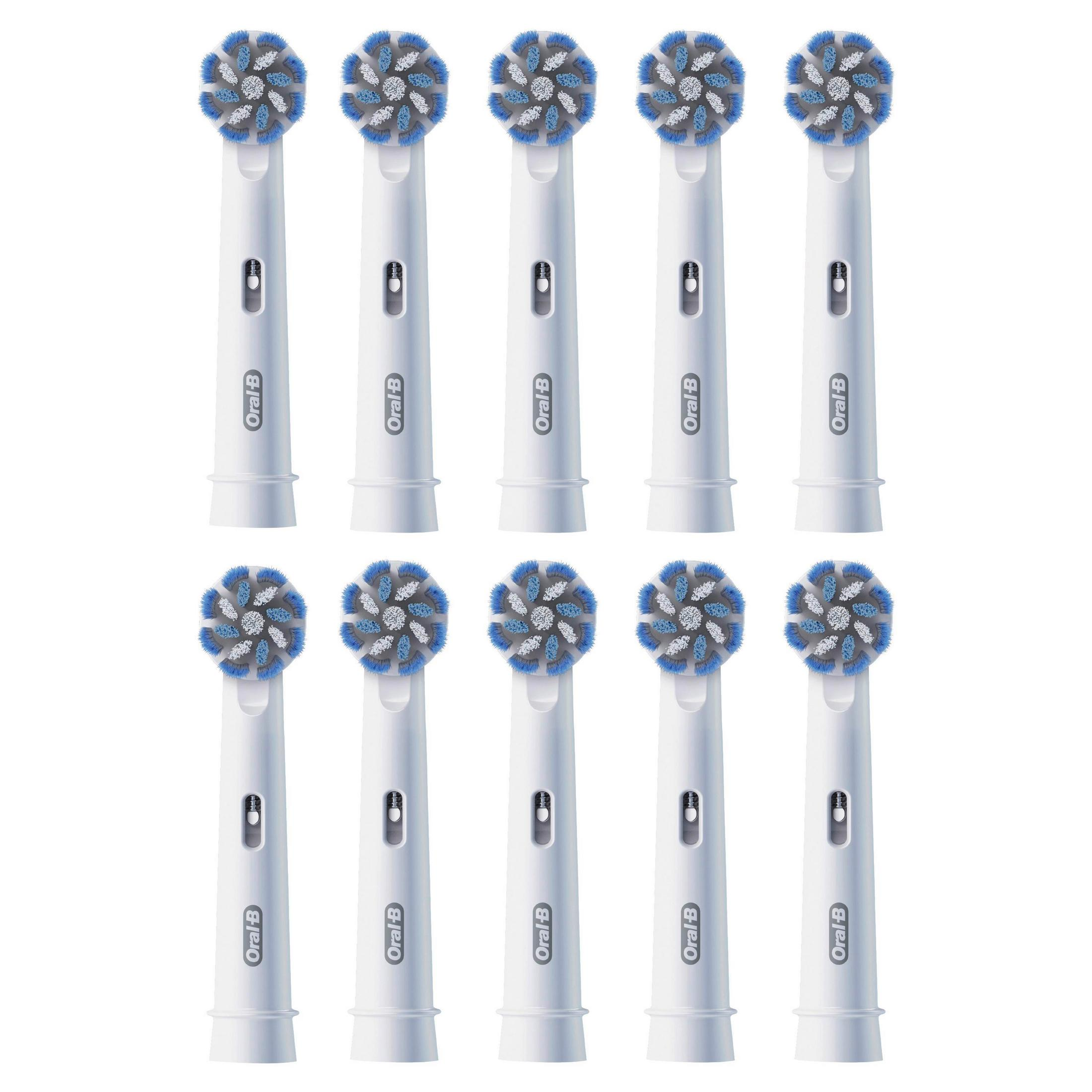 Zehn weiße Oral-B Aufsteckbürsten mit blauen und weißen Borsten.