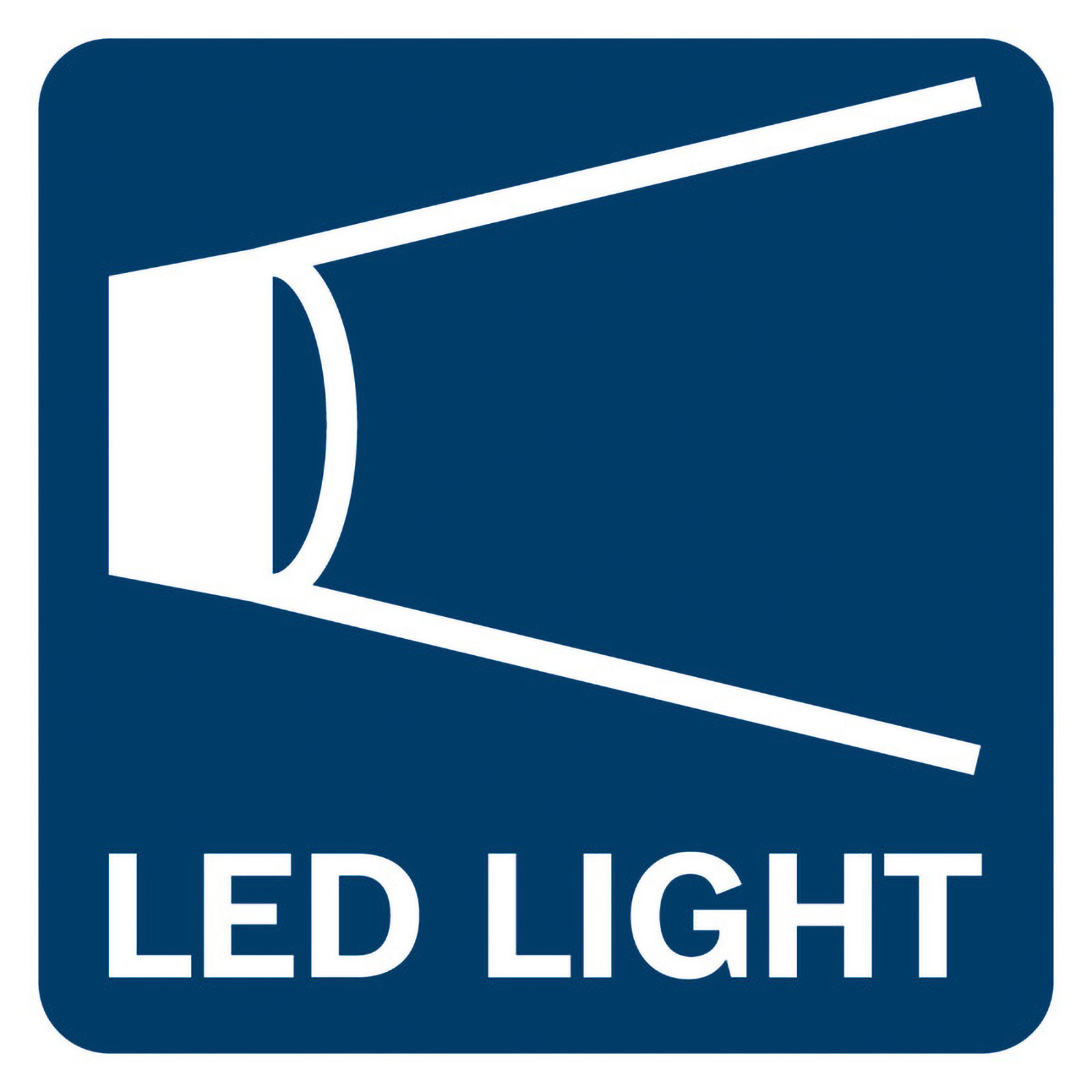 Symbol für LED-Licht: Weißer Lichtstrahl auf blauem Grund mit Text.