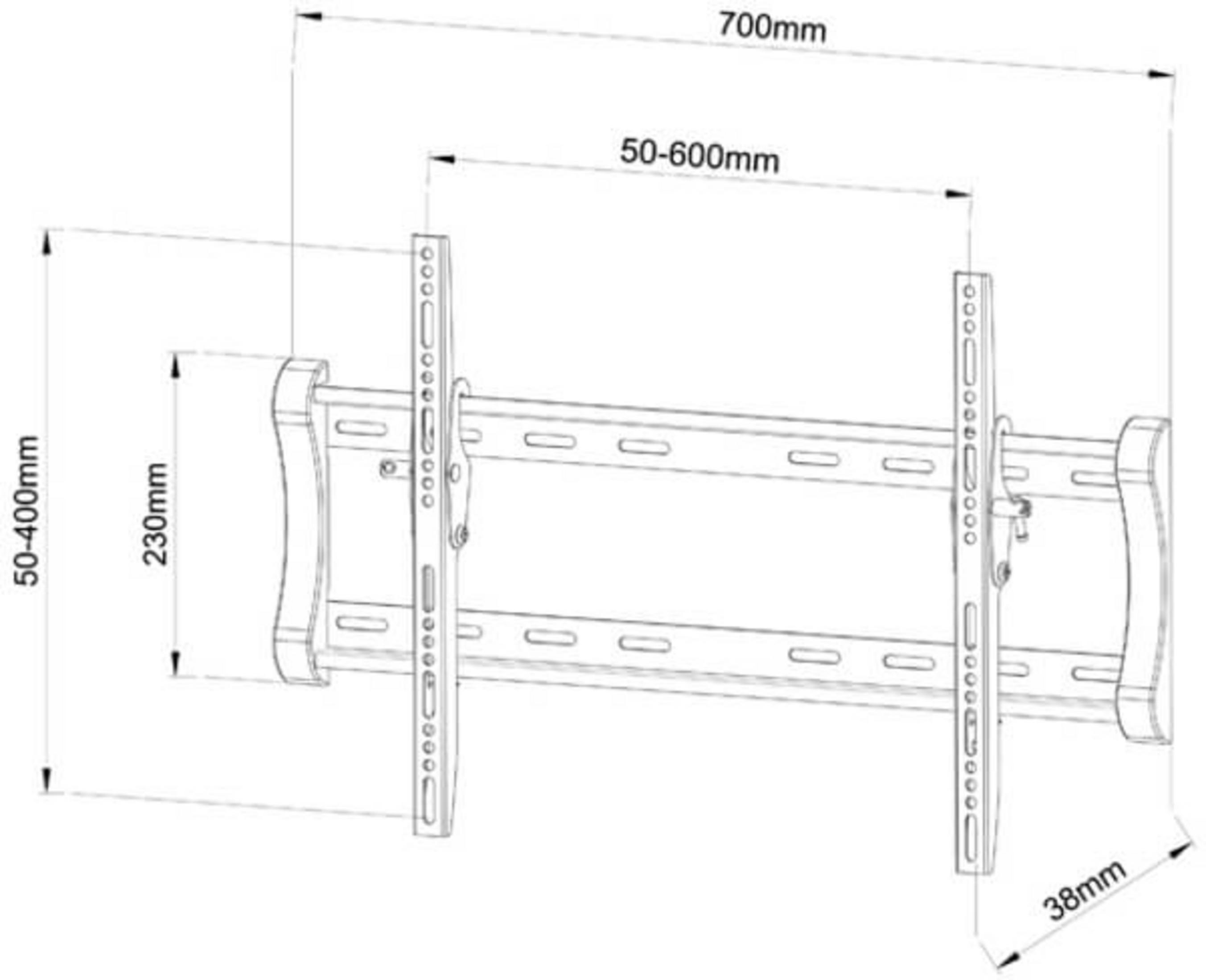 Un dessin schématique d'un support mural TV avec dimensions.