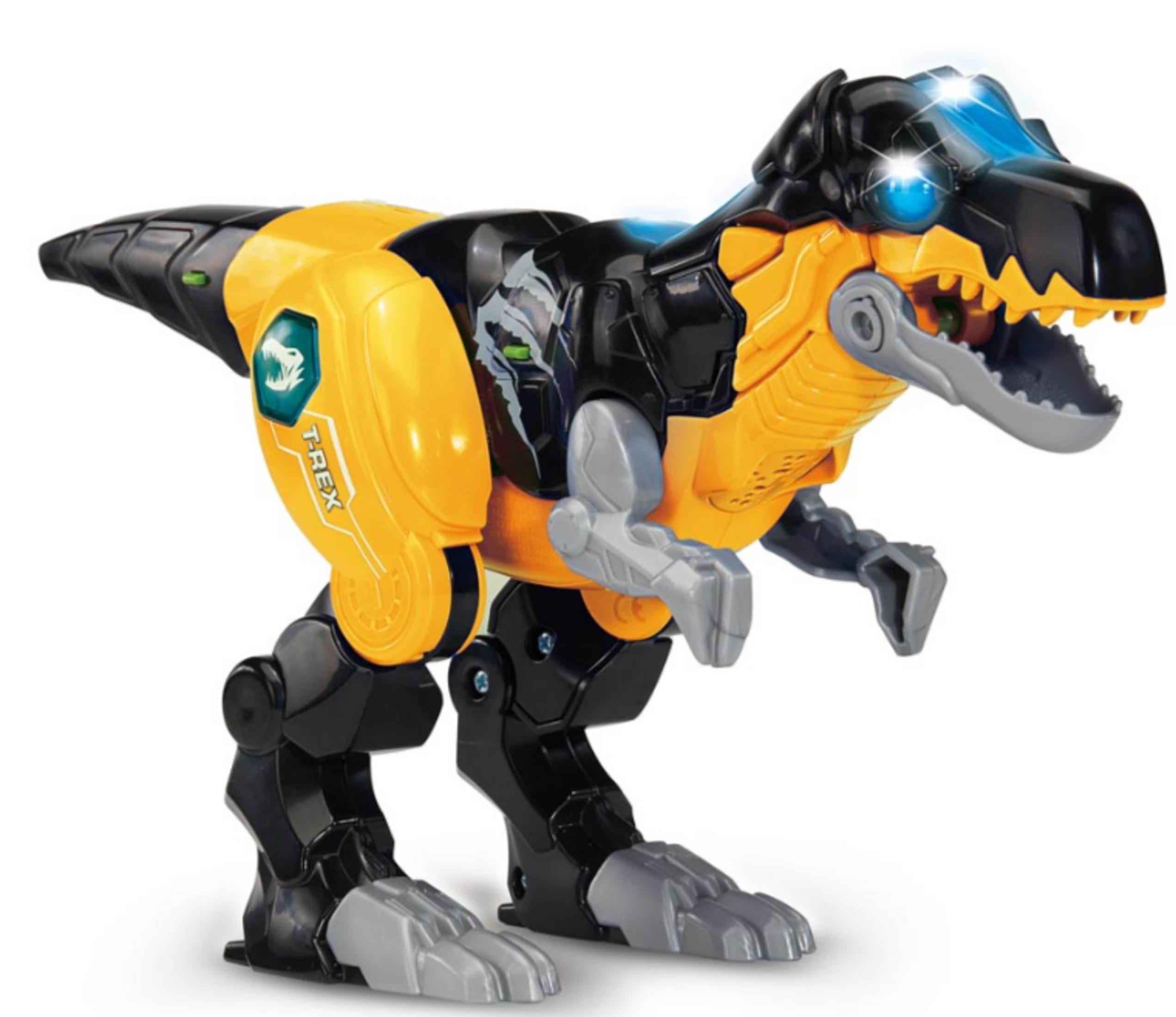 Ein gelb-schwarzer T-Rex-Roboter mit blauen Lichtern in den Augen.