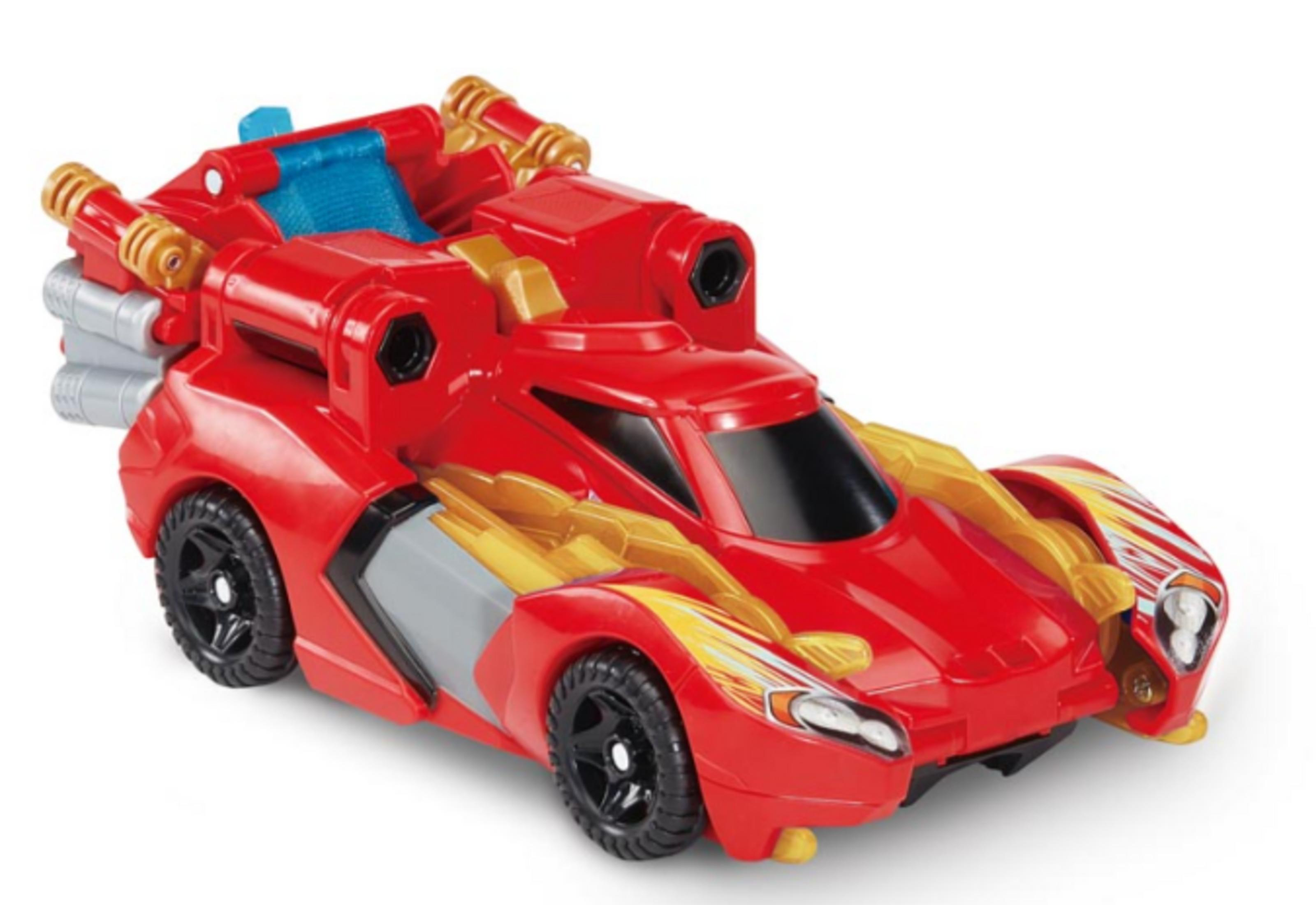 Ein rotes Spielzeugauto mit goldenen Akzenten, Raketen und schwarzen Rädern.
