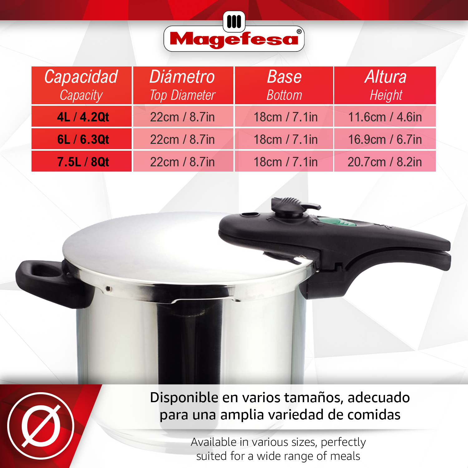 Olla a presión de acero inoxidable con asa y tapa negras. Tabla de medidas arriba.