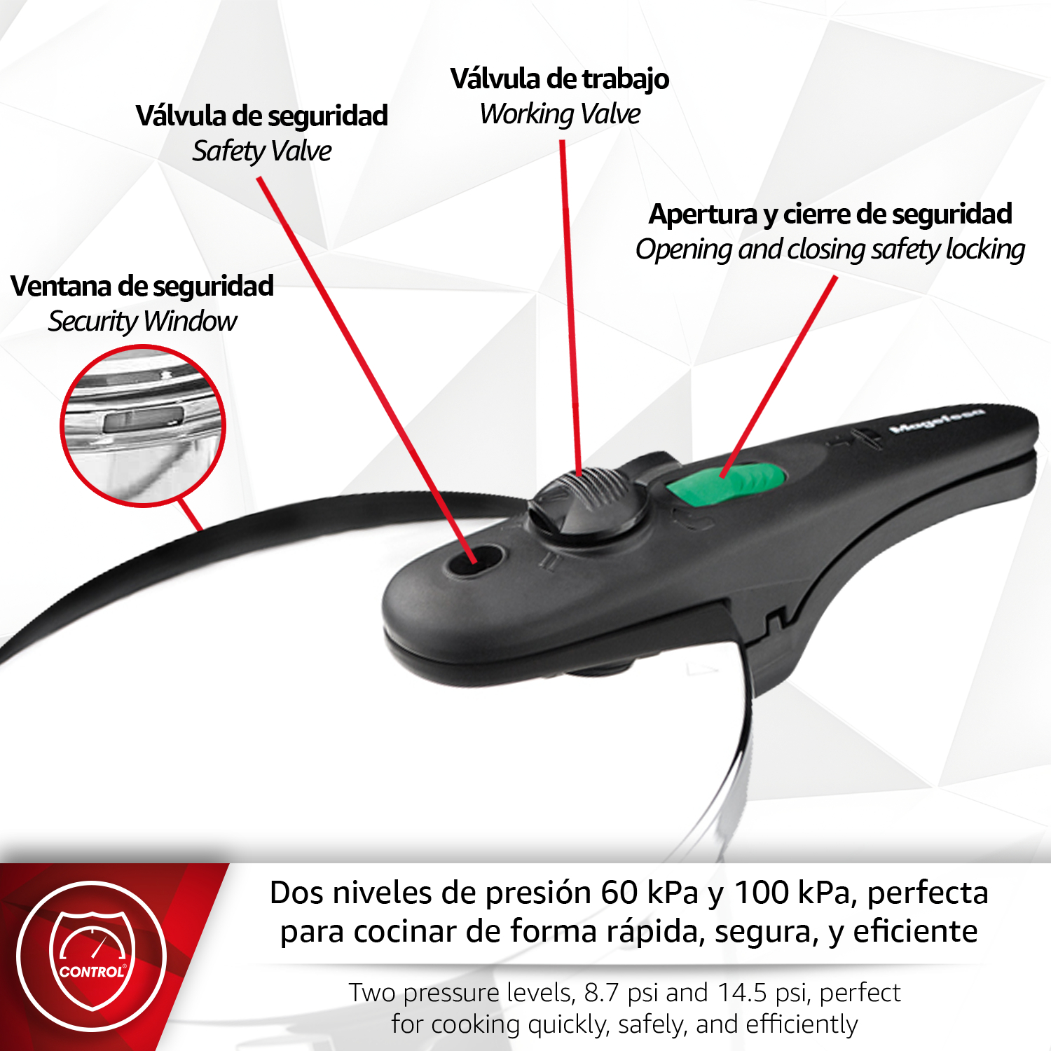 Tapa de olla a presión con válvulas de seguridad y ajustes de presión.